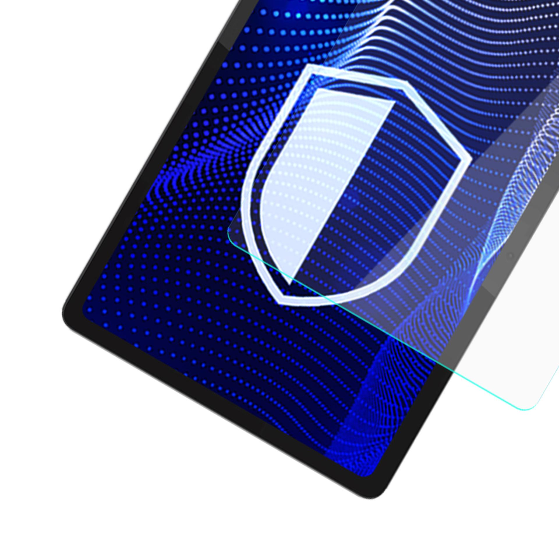 Tablet z niebieskim tłem w kropki i ikoną tarczy. Nakładana jest folia ochronna na ekran.