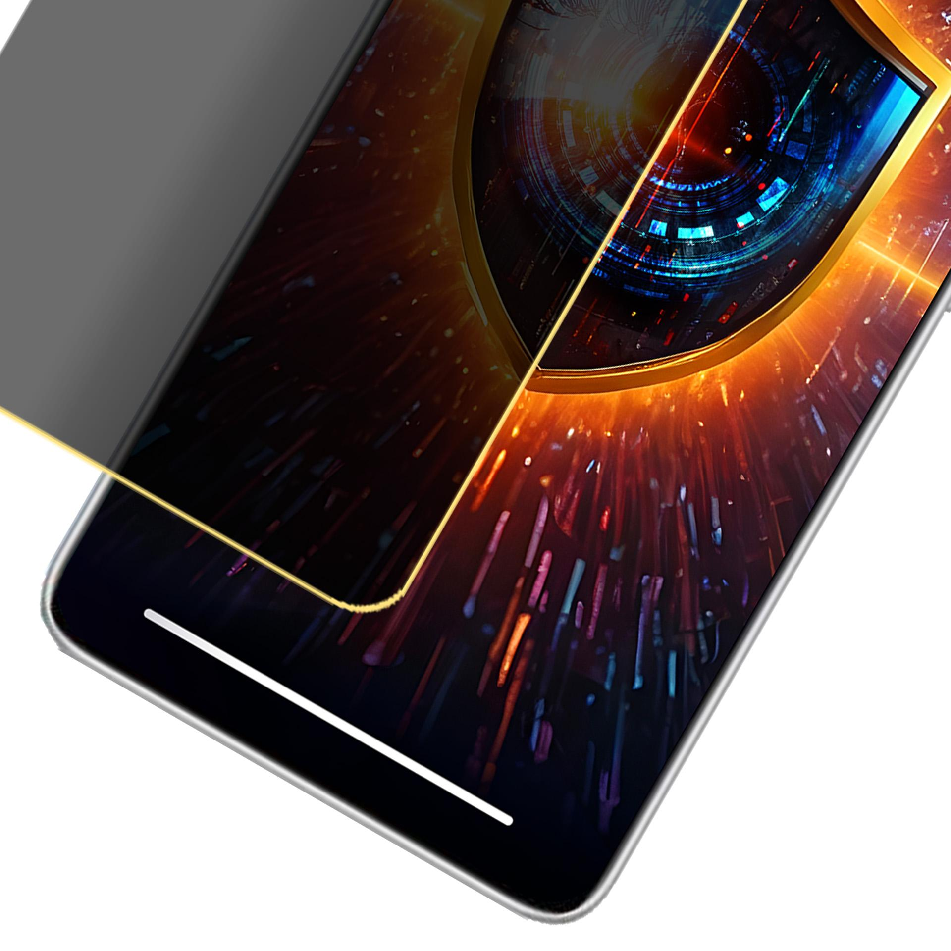 Uno smartphone con schermo che mostra un design digitale con sfumature blu e arancioni, coperto da una protezione grigia.