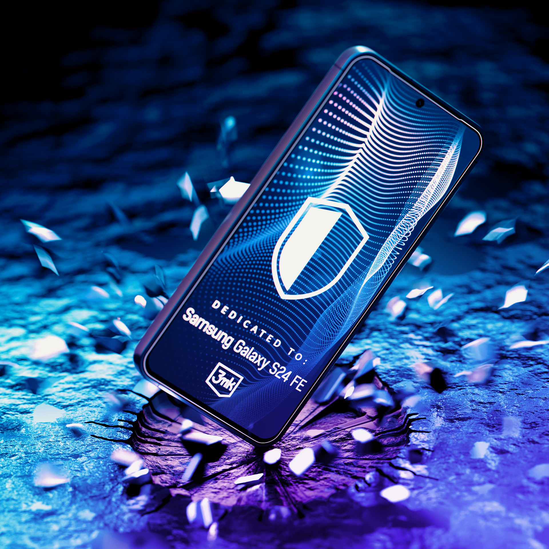 Un telefono con un grafico scudo sfonda una superficie. Dice 'Dedicated to: Samsung Galaxy S24 FE'.