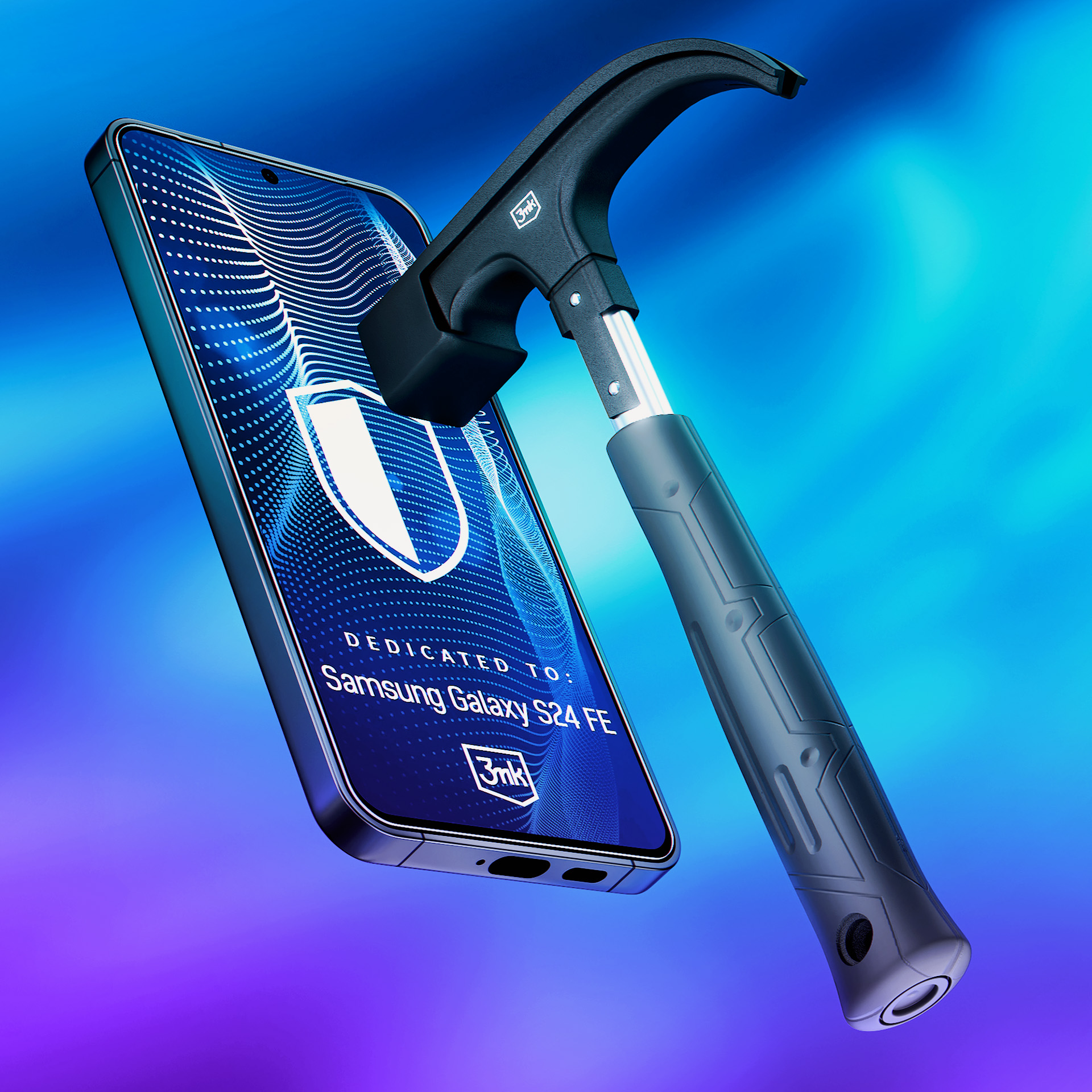 Un telefono con una protezione per lo schermo colpito da un martello. Il testo sullo schermo dice "Dedicated to: Samsung Galaxy S24 FE".