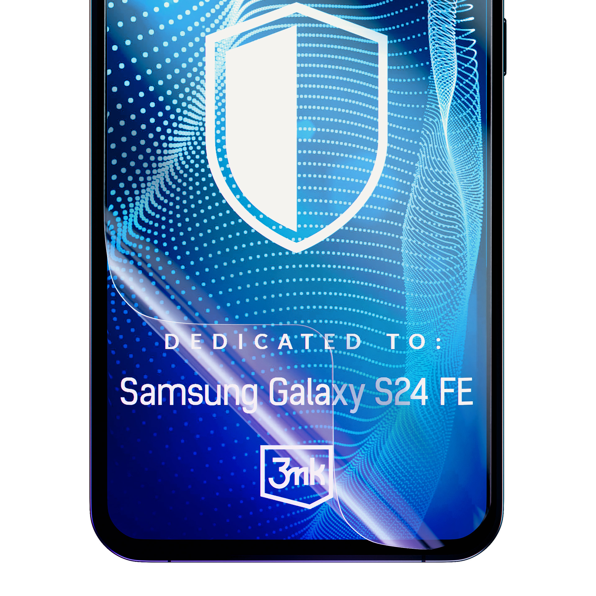 Pellicola protettiva con icona scudo, testo 'Dedicated To: Samsung Galaxy S24 FE' e logo 3mk.