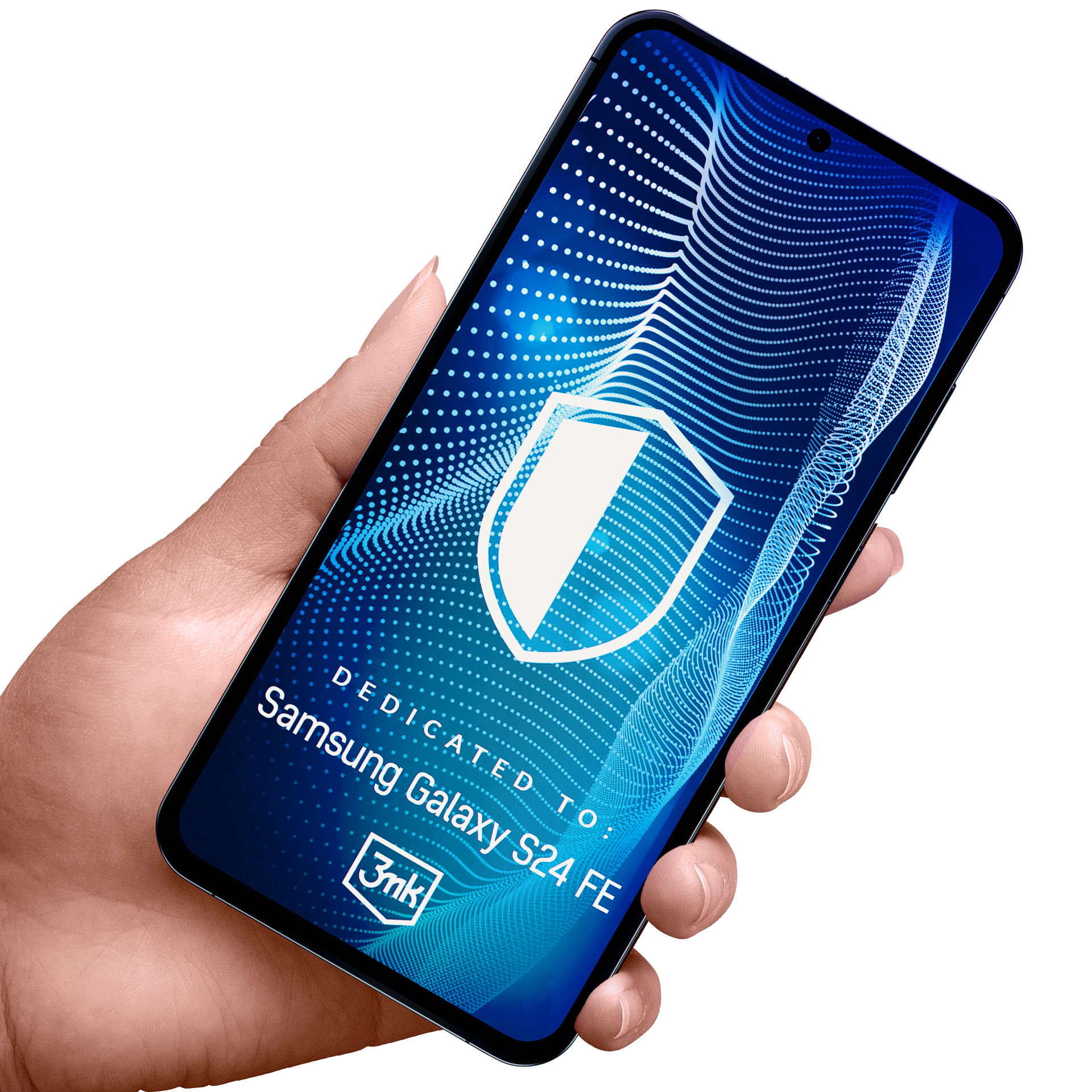 Mano che tiene un telefono con uno scudo blu e testo: Dedicato a Samsung Galaxy S24 FE. Sfondo bianco.