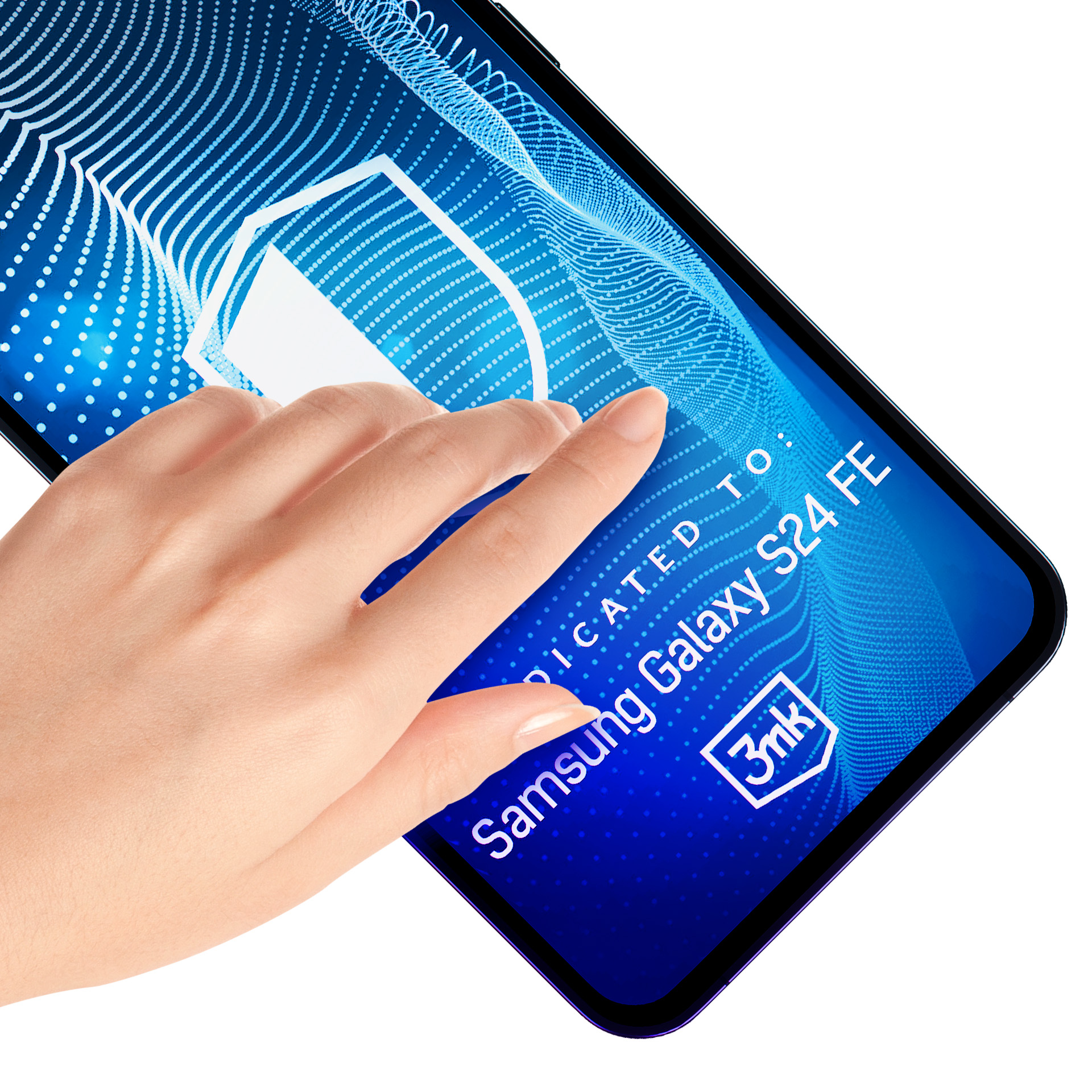 Una mano tocca uno schermo del telefono che mostra grafica blu e testo Samsung Galaxy S24 FE. Lo sfondo è bianco.