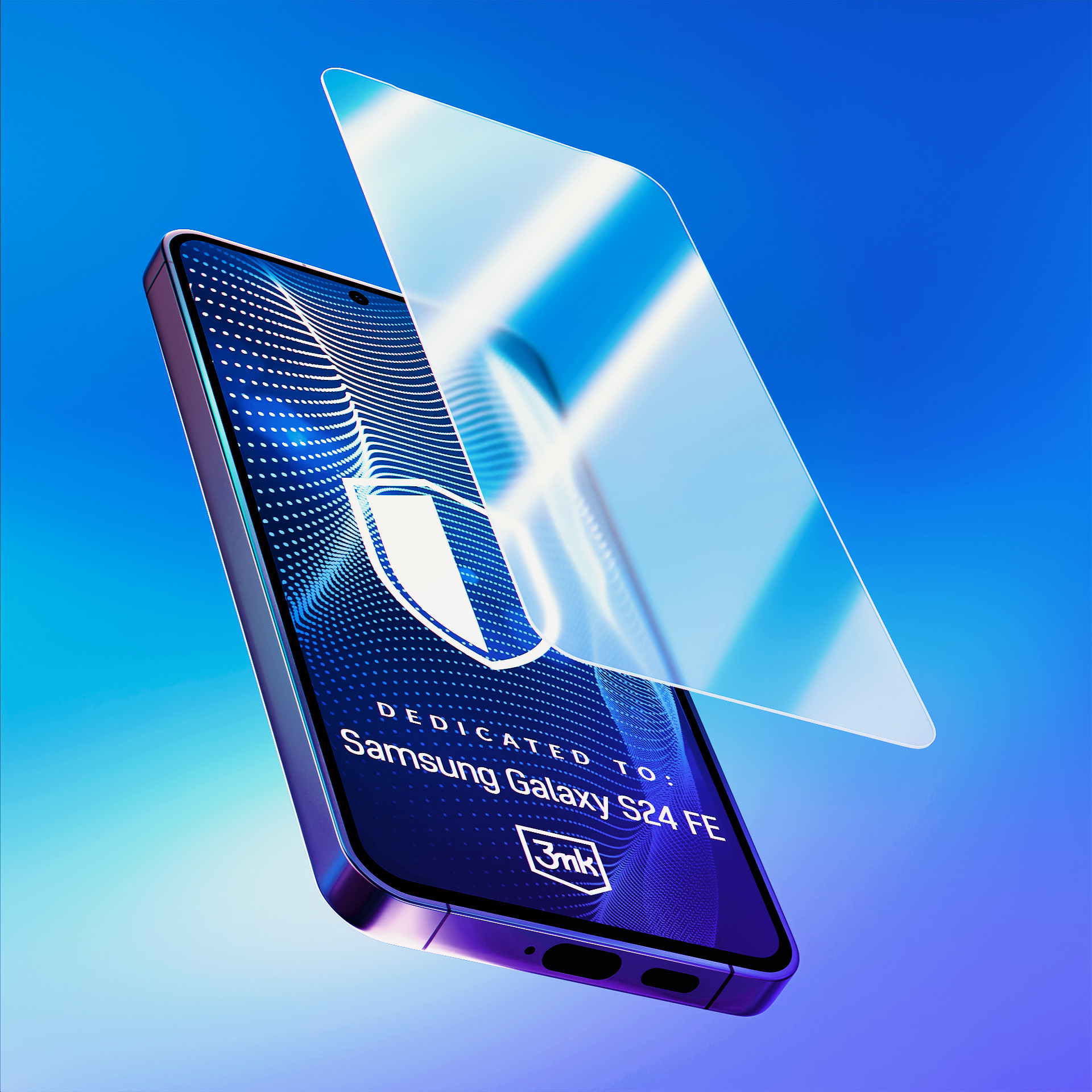 Un telefono con una protezione per lo schermo in fase di applicazione. Il telefono è un Samsung Galaxy S24 FE, su sfondo blu sfumato.