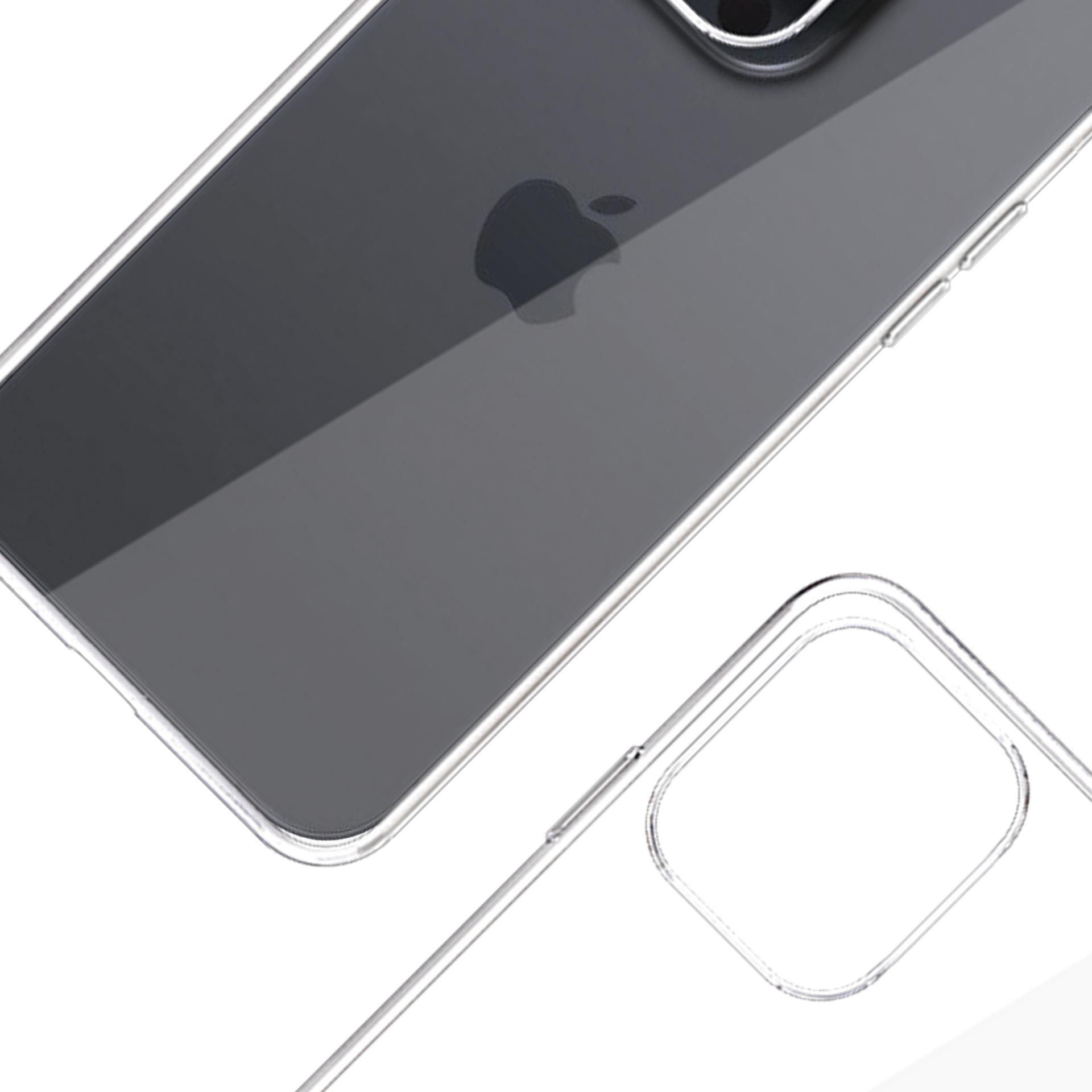 Custodia trasparente per telefono su un telefono grigio. Il logo Apple è visibile. Un'altra parte della custodia è in primo piano.