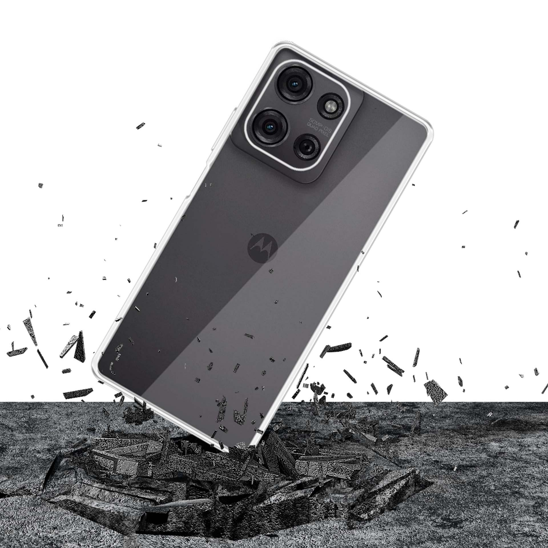 Una custodia per telefono sta cadendo e frantumando una superficie di pietra. Il telefono ha più lenti e un logo Motorola.