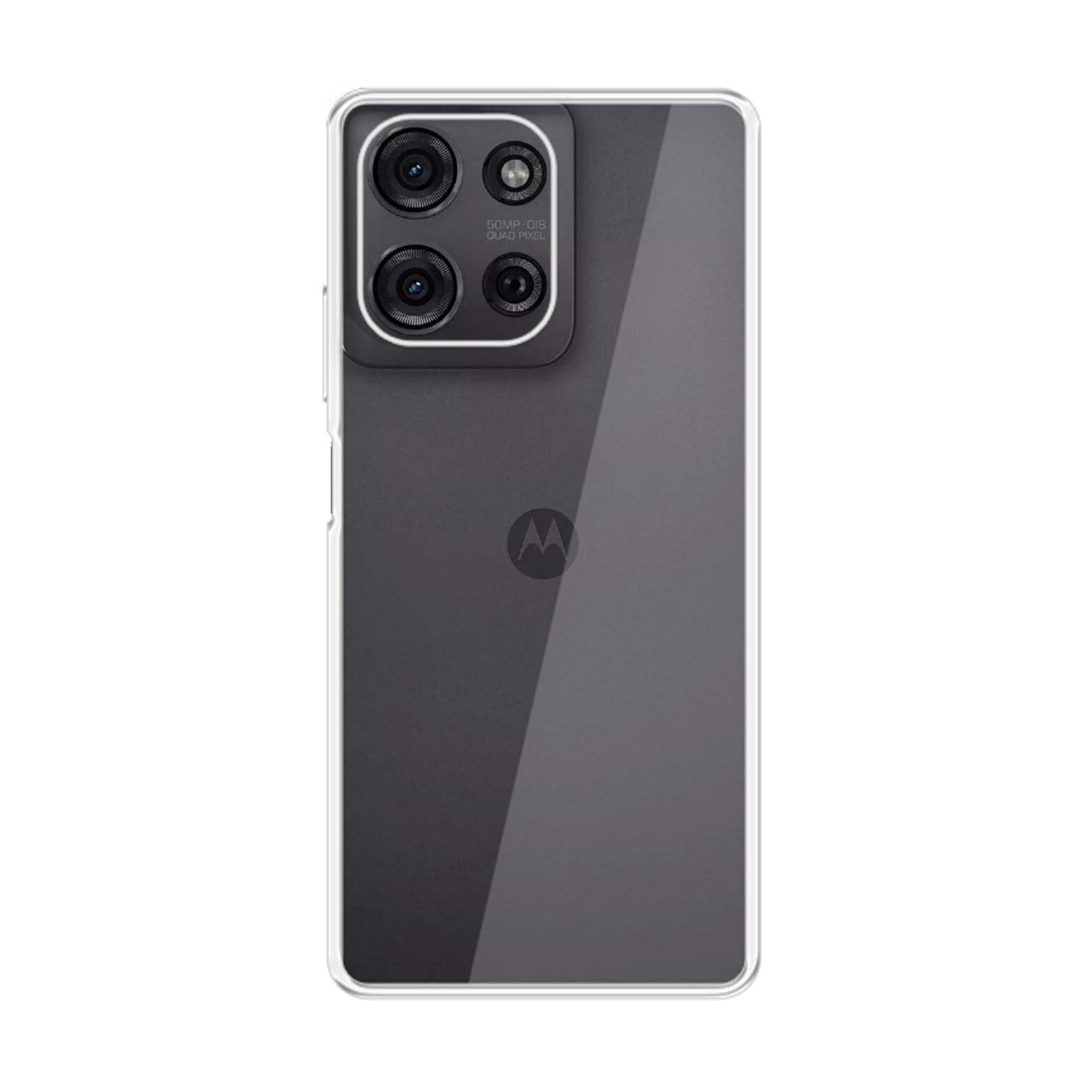 Un telefono con custodia trasparente. Il retro è grigio scuro con il logo Motorola. La parte superiore ha un modulo fotocamera con quattro obiettivi.