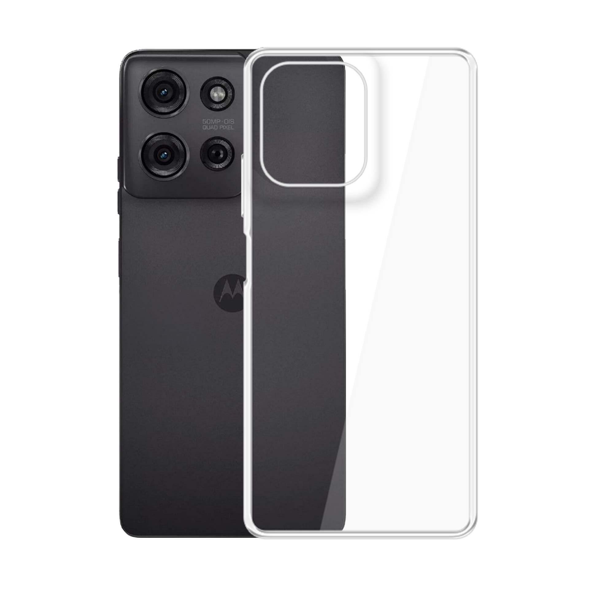 Un telefono Motorola nero con una custodia trasparente. Il telefono ha più fotocamere e un logo Motorola.