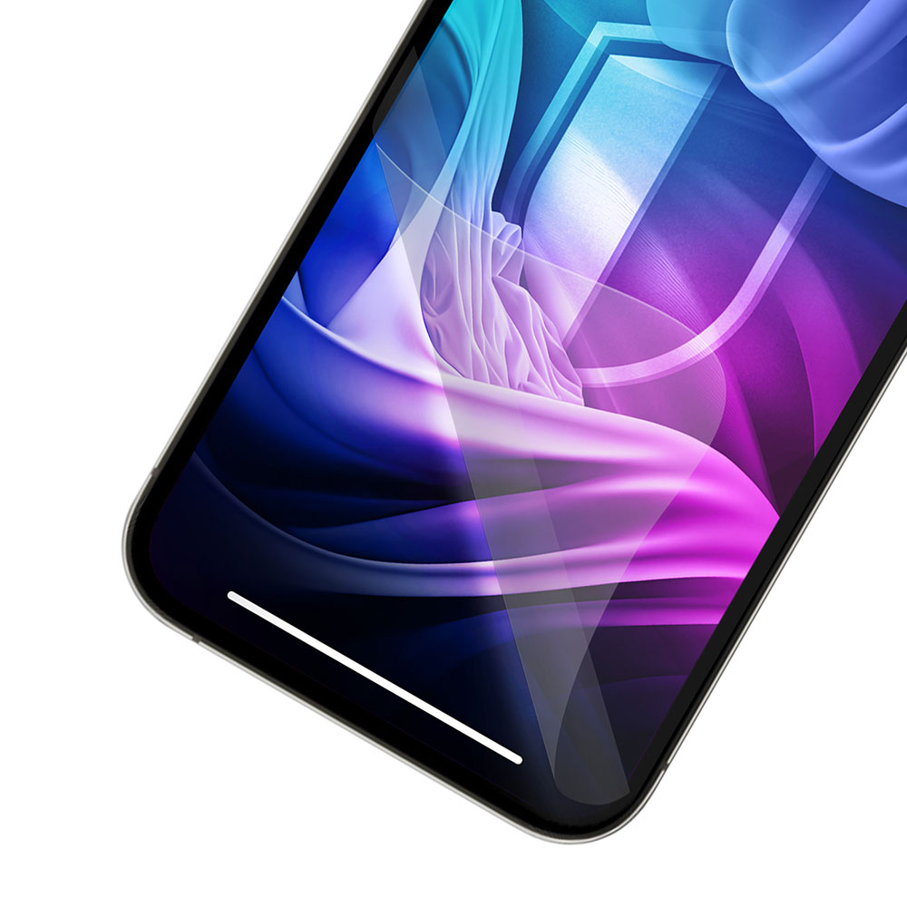 Uno smartphone con uno sfondo astratto colorato. Il display mostra forme blu, viola e bianche. Il telefono ha una barra bianca in basso.
