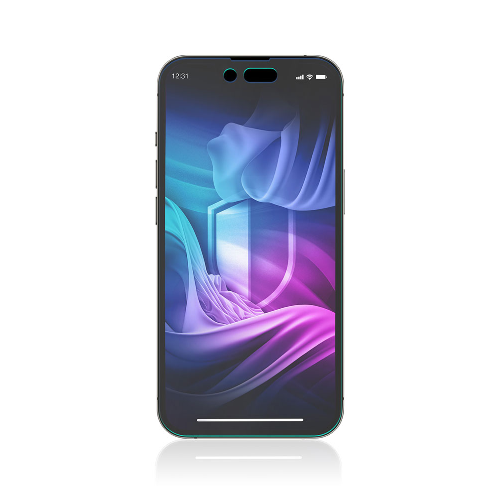 Uno smartphone mostra una grafica a scudo con tessuto fluente. Lo schermo ha un display dell'ora e barre di segnale. Il telefono è su uno sfondo bianco.