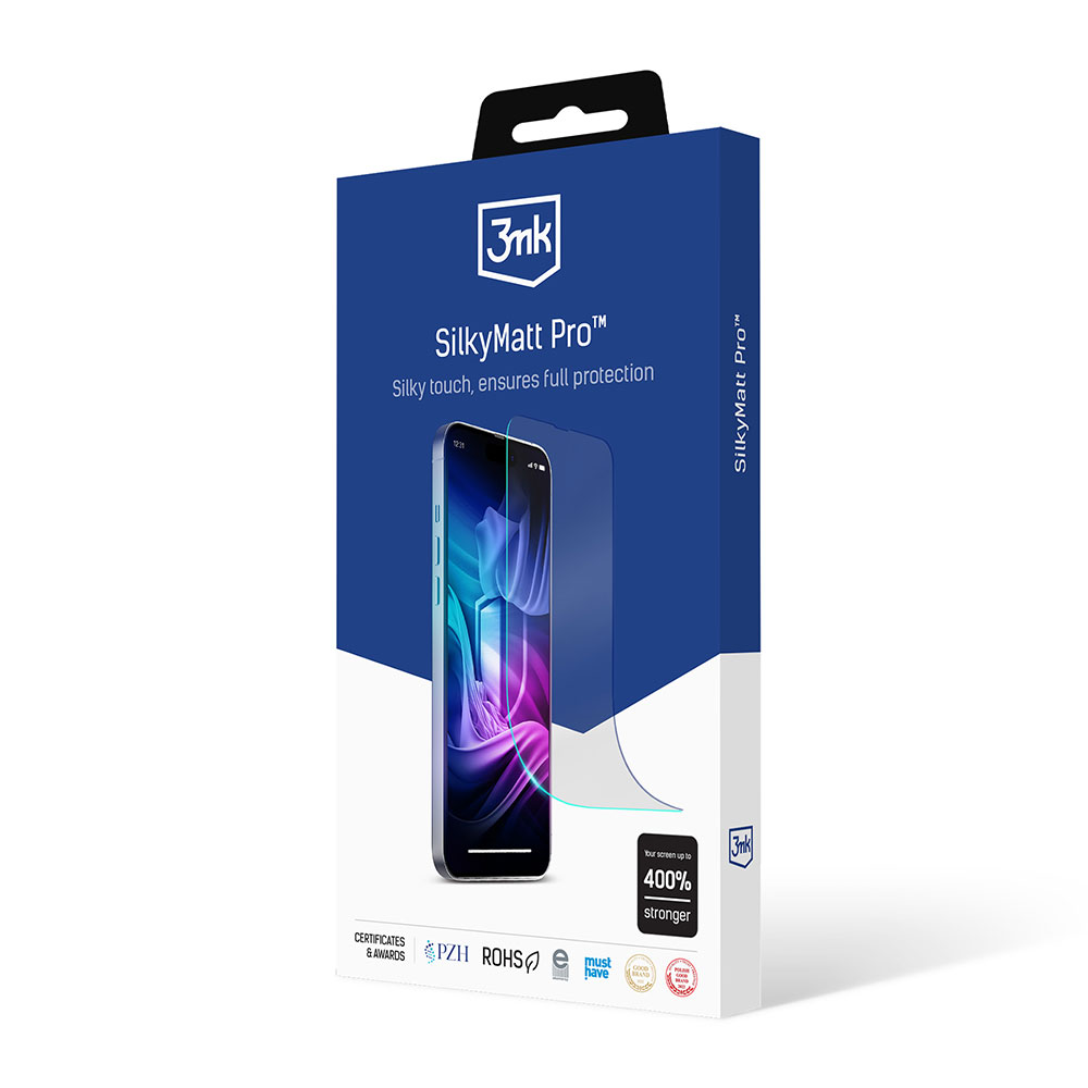 Scatola con protezione schermo 3mk SilkyMatt Pro. Mostra un telefono con protezione applicata e testo sulla protezione.