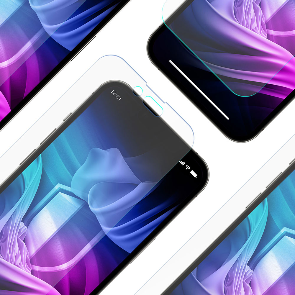 Più smartphone con protezioni schermo. Mostrano uno sfondo astratto blu e viola. Ora 12:31.