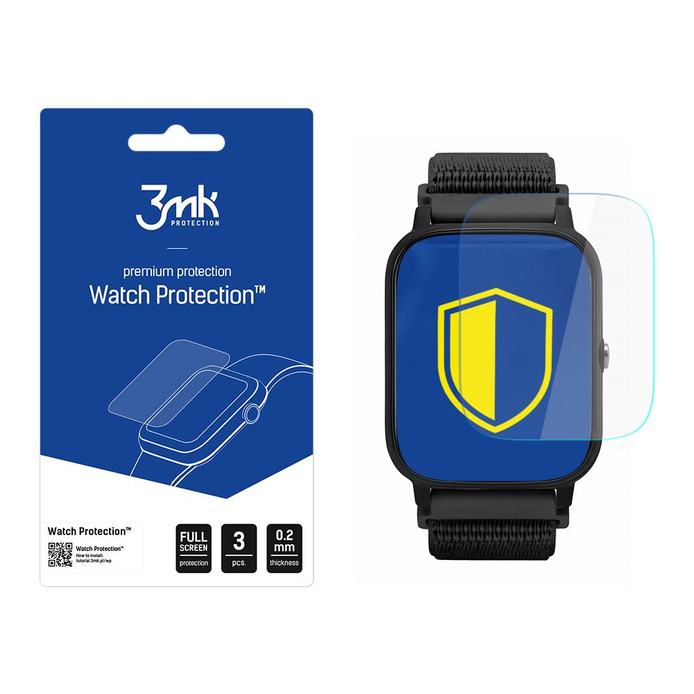Wyświetlany jest ochraniacz ekranu zegarka, zegarek i opakowanie. Opakowanie jest niebieskie z logo i tekstem 'Watch Protection'.