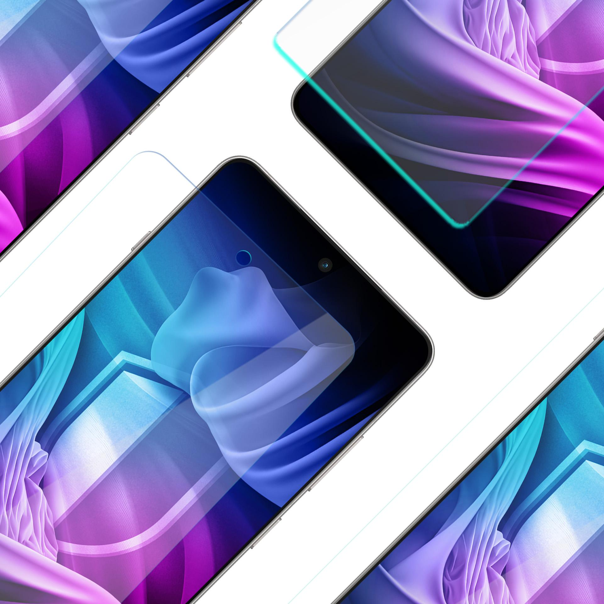 Kilka smartfonów z ochraniaczami ekranu ustawionych pod kątem. Abstrakcyjne, kolorowe tło z odcieniami niebieskiego i fioletowego.
