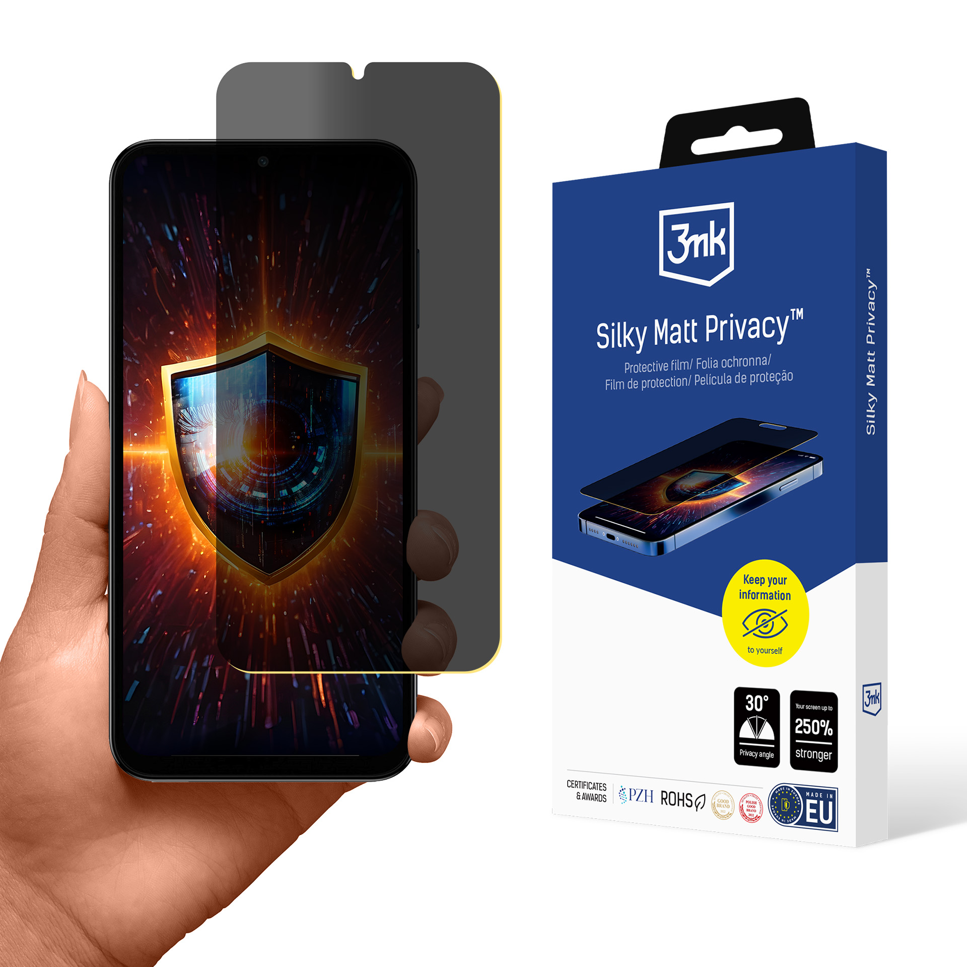 Ręka trzyma telefon z filtrem prywatności. Po prawej stronie pudełko z napisem "Silky Matt Privacy".