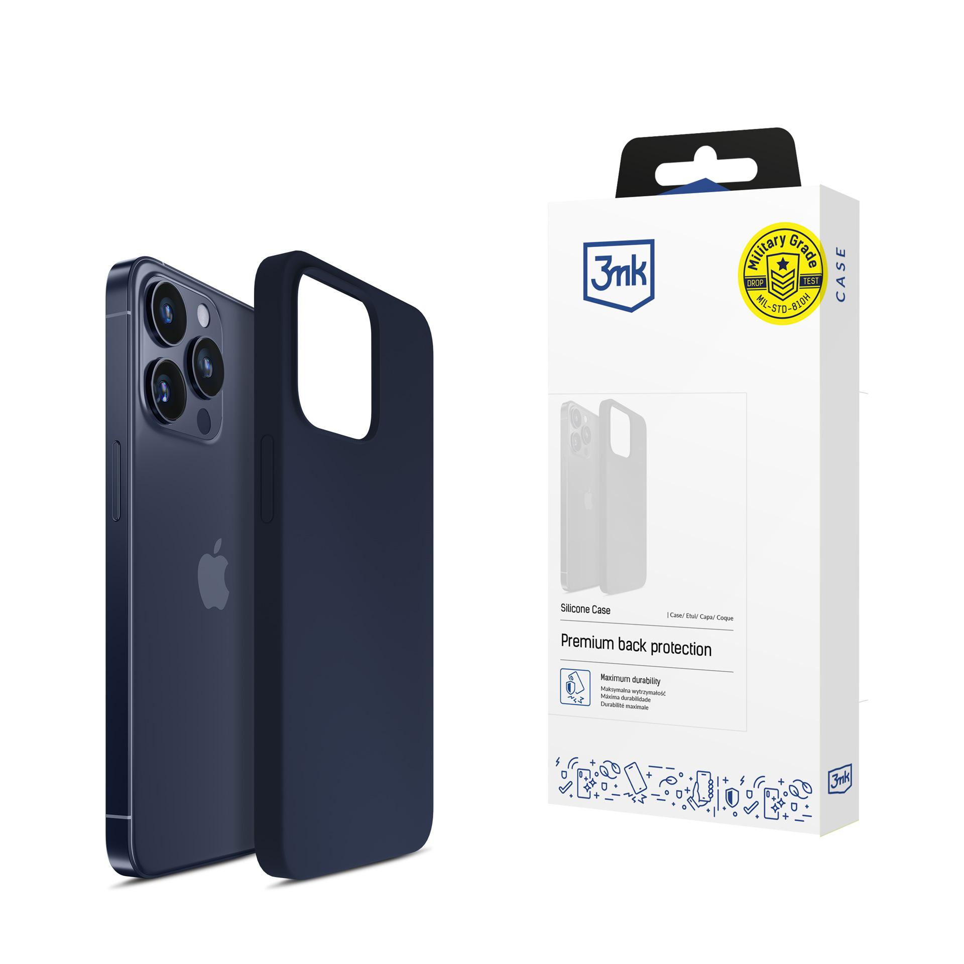 Un iPhone blu scuro con una custodia abbinata accanto a una scatola bianca con marchio ed etichetta di grado militare.