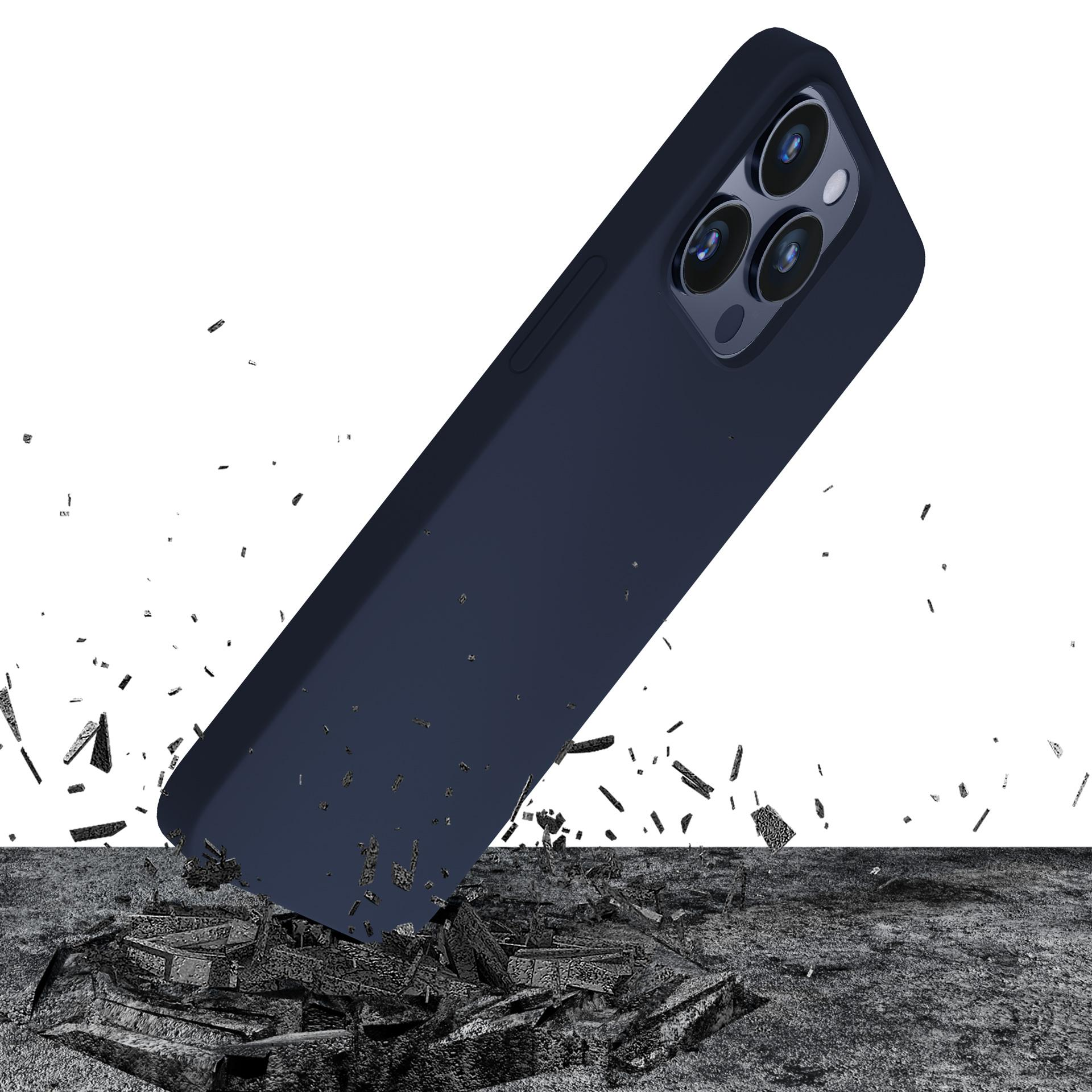 Telefono blu scuro con custodia che cade e rompe una superficie in pietra. Detriti sparsi. Sfondo bianco.