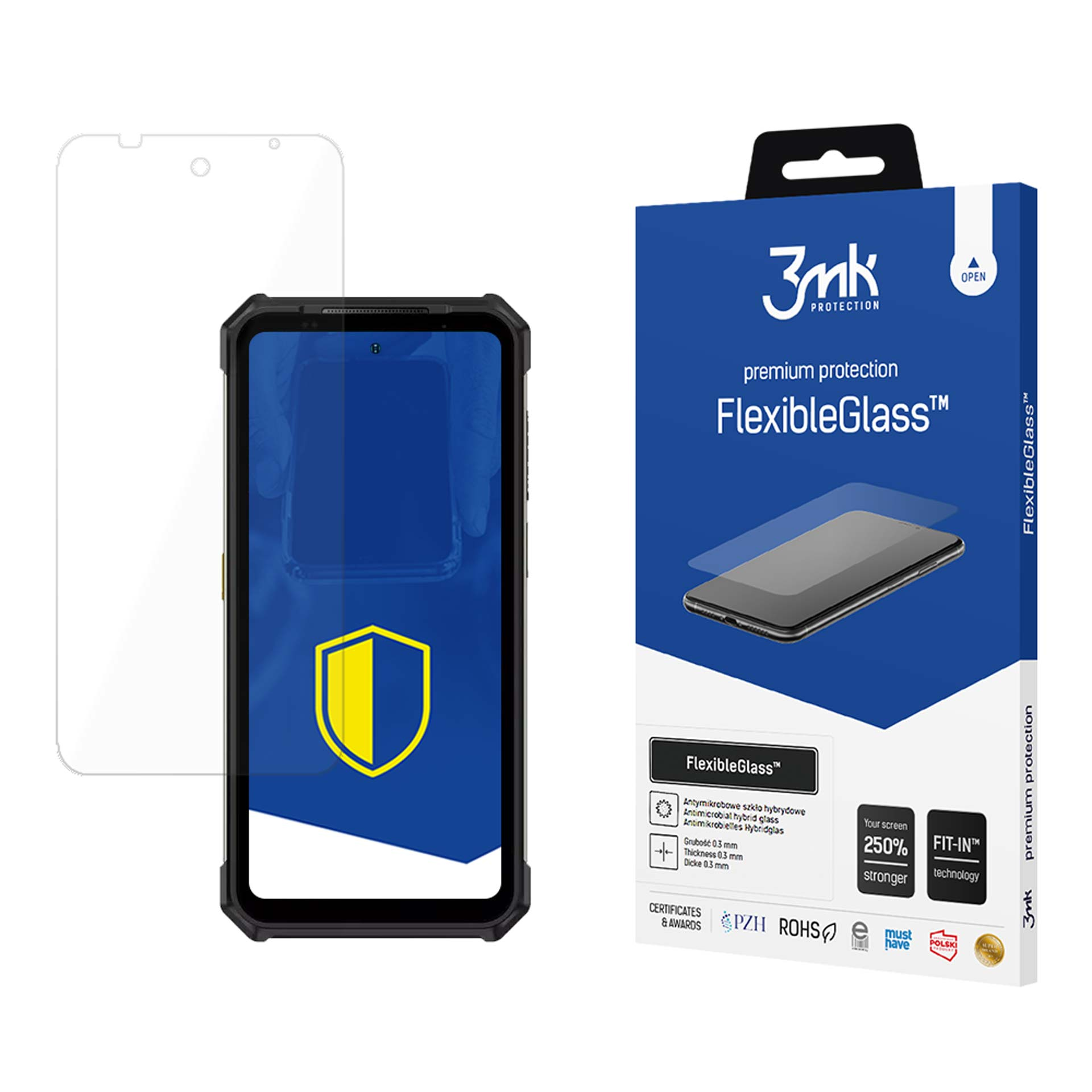 L'immagine mostra una protezione per lo schermo e un telefono. Una scatola blu di FlexibleGlass è a destra. Il telefono è al centro.