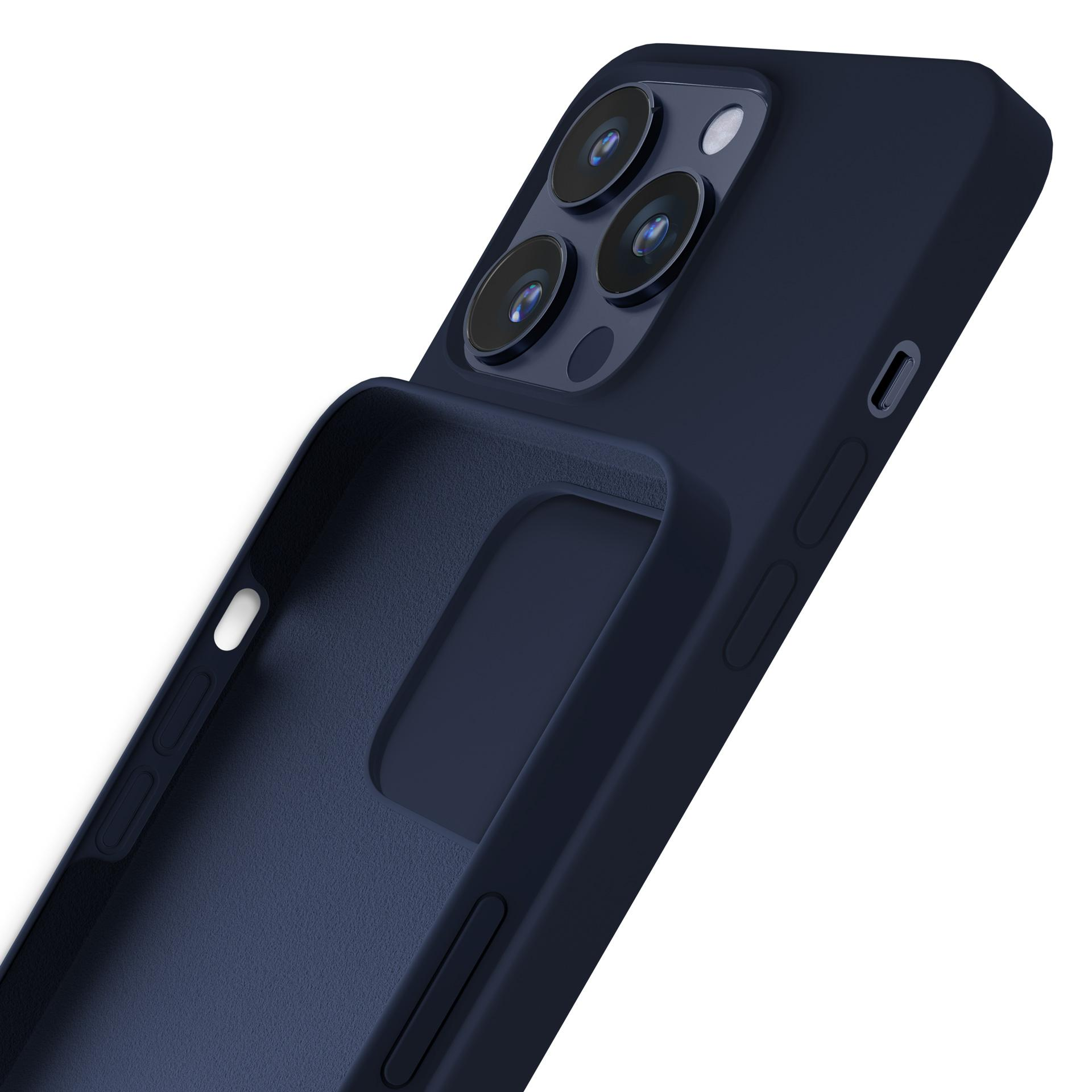 Una custodia per telefono blu navy, con lenti della fotocamera visibili. Anche l'interno è blu navy.