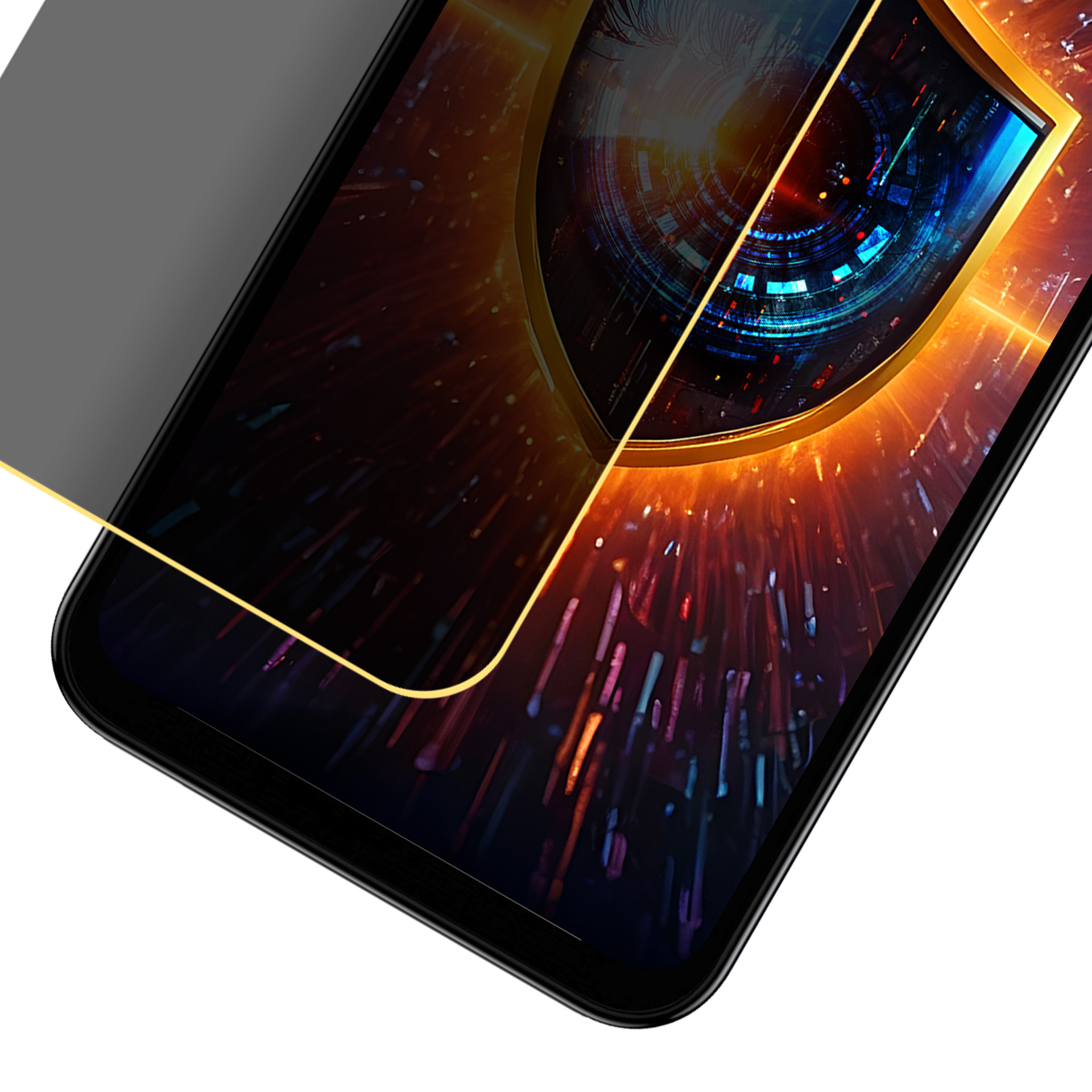 Smartfon pod kątem, wyświetlający kolorową grafikę. Na wierzchu ekran ochronny ze złotym obramowaniem.