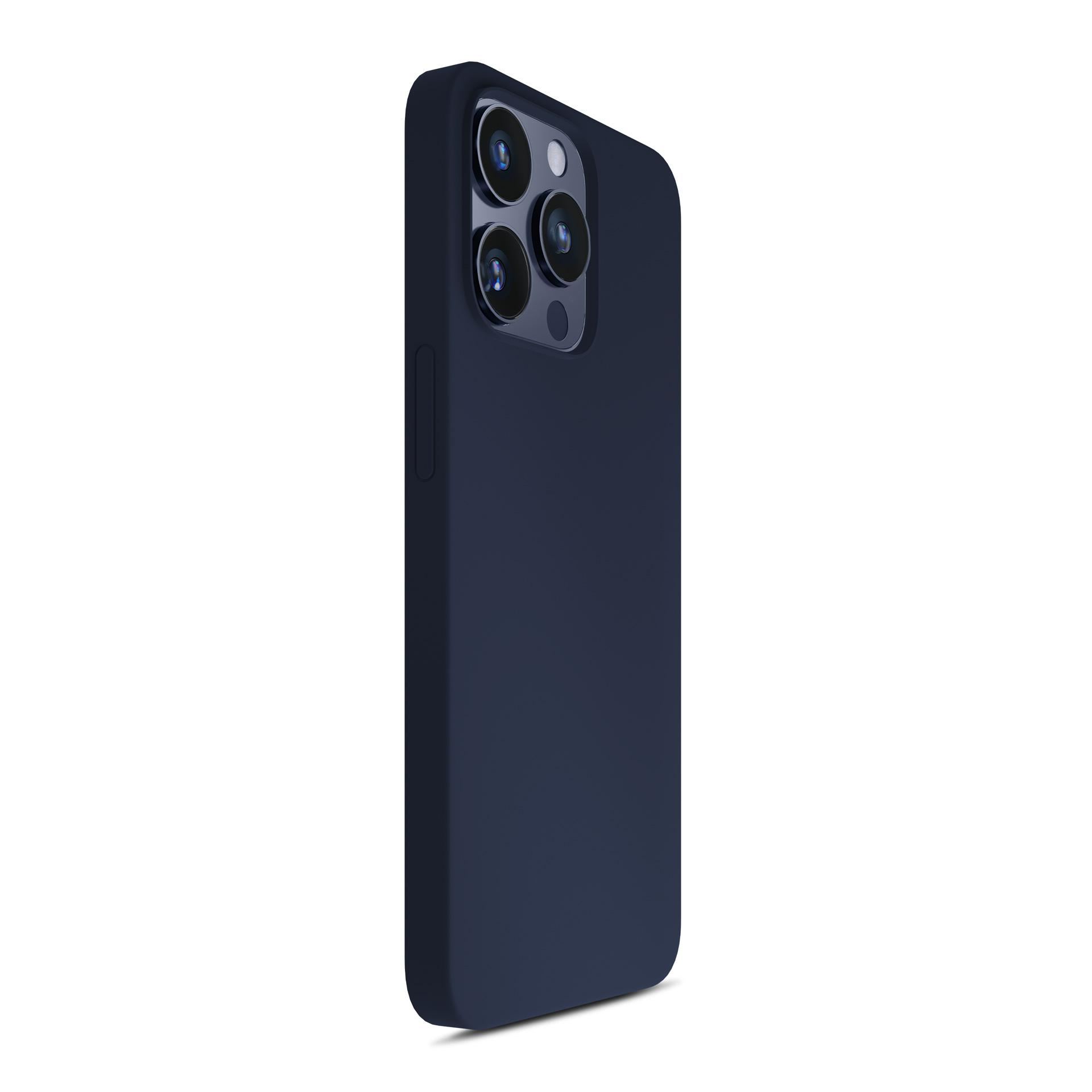 Custodia per telefono blu navy, che mostra le lenti della fotocamera. La custodia è su sfondo bianco.