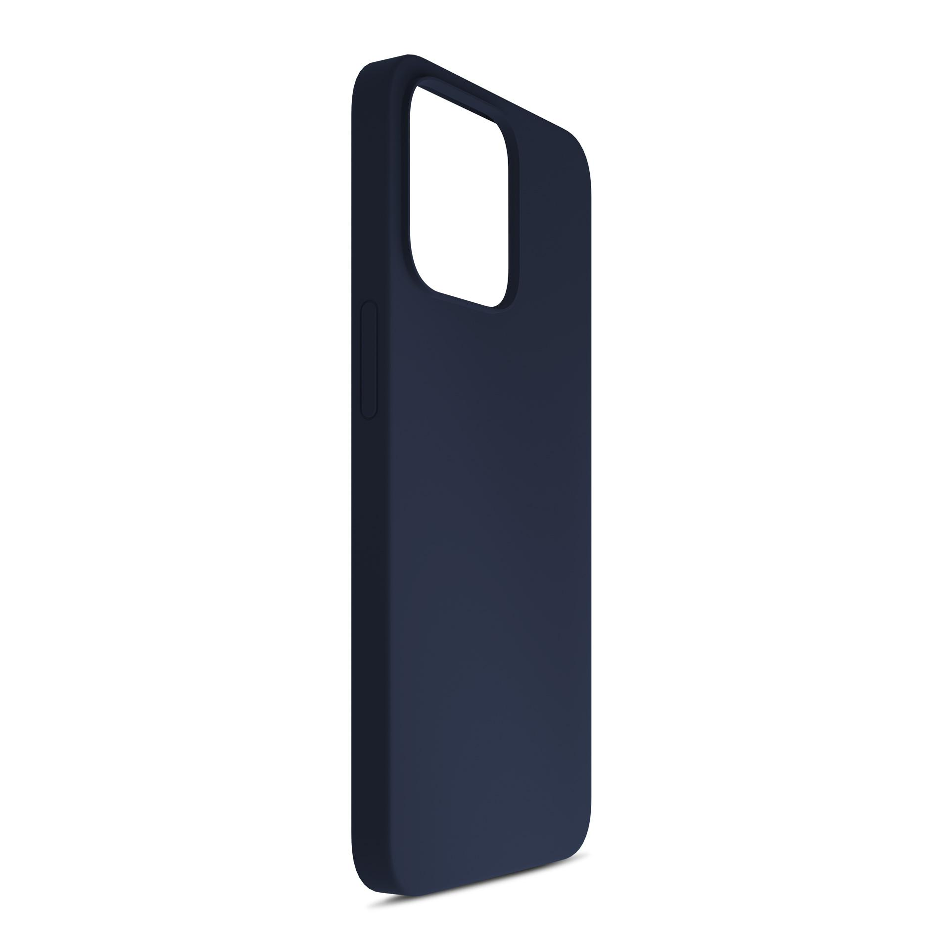 Una custodia per telefono blu navy è mostrata su uno sfondo bianco. La custodia è in orientamento verticale. Il foro della fotocamera è in alto.