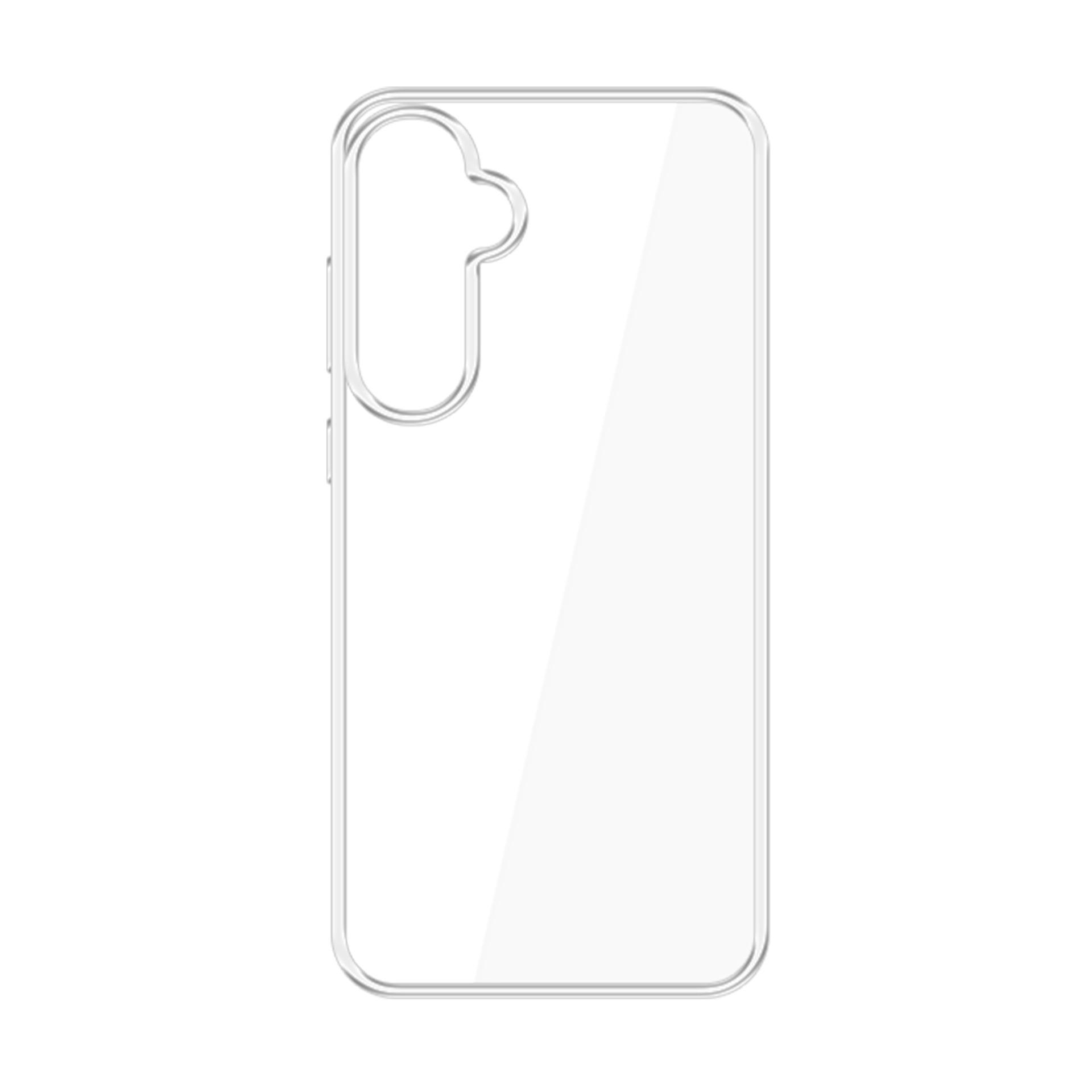 Una custodia per telefono trasparente. Ha un ritaglio per la fotocamera e i pulsanti sul lato. Su sfondo bianco.