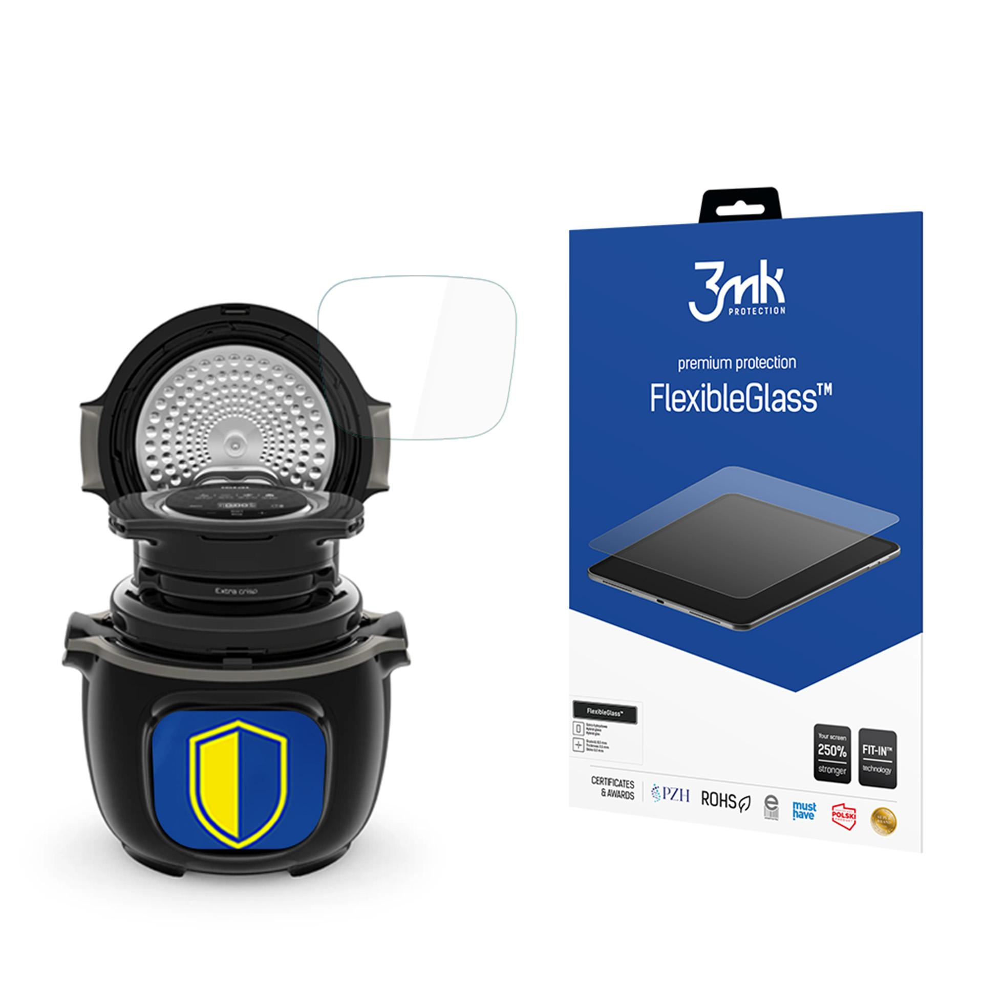 Czarne urządzenie z otwartą pokrywą, ochraniaczem i pudełkiem. Pudełko reklamuje ochronę ekranu FlexibleGlass.