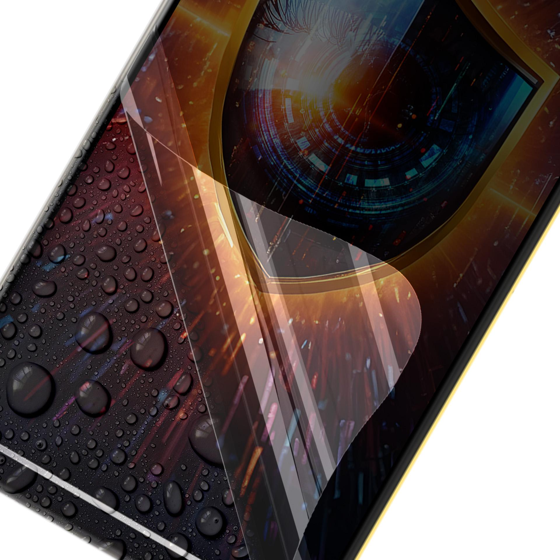 Proteggi schermo del telefono con gocce d'acqua e un design grafico colorato. Il telefono ha un bordo giallo e si trova su uno sfondo bianco.