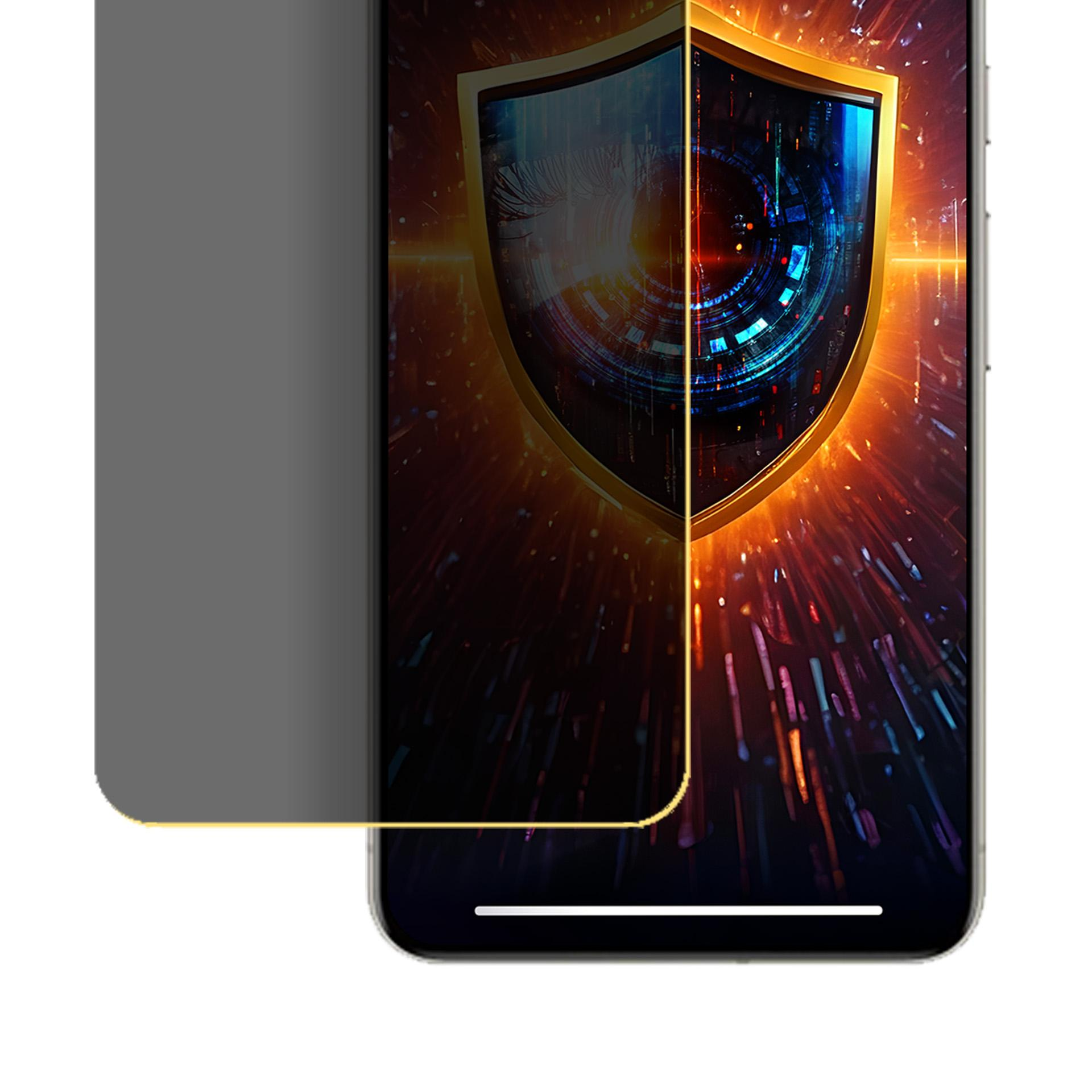 Un telefono che mostra uno scudo, con una protezione per lo schermo. Lo scudo ha un design a occhio digitale, su uno sfondo rosso e blu.