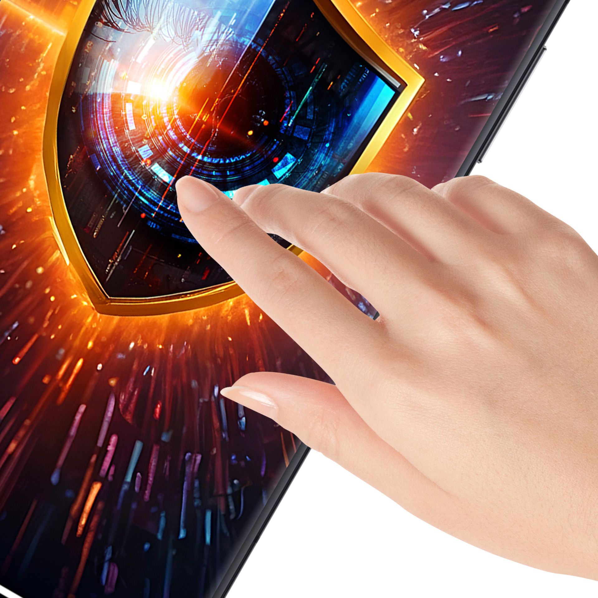 Una mano tocca uno schermo che mostra una grafica a scudo con dati digitali e una luce arancione brillante.
