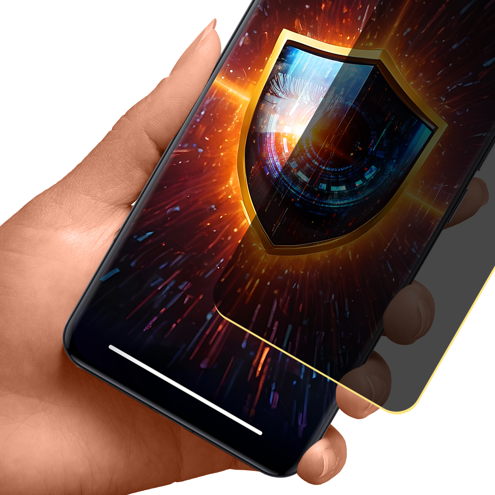 Una mano che tiene un telefono con un grafico a scudo sullo schermo. Lo sfondo è arancione e nero.