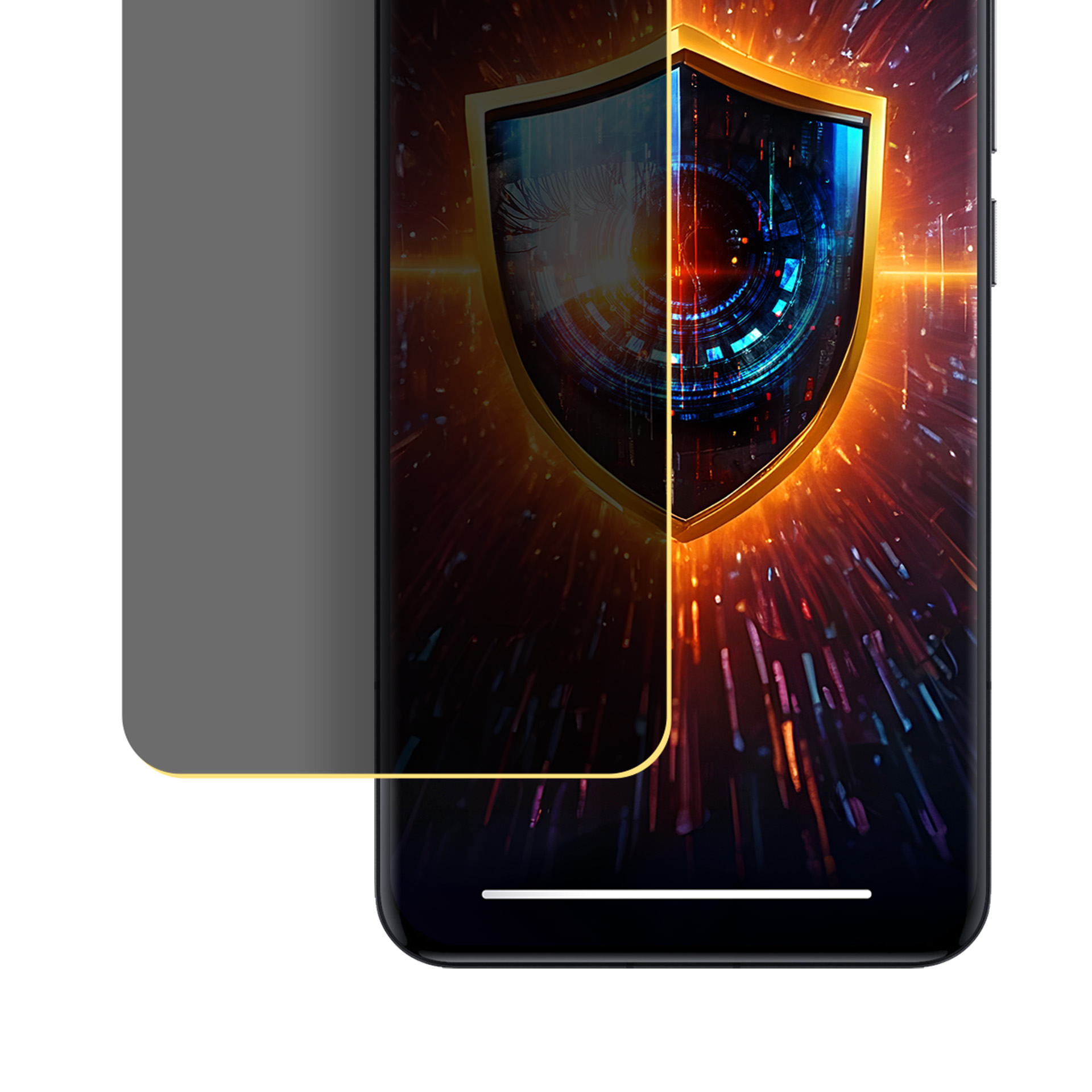 Smartphone con protezione schermo che mostra un grafico a scudo. Lo sfondo ha un design tecnologico con colori arancione e blu.