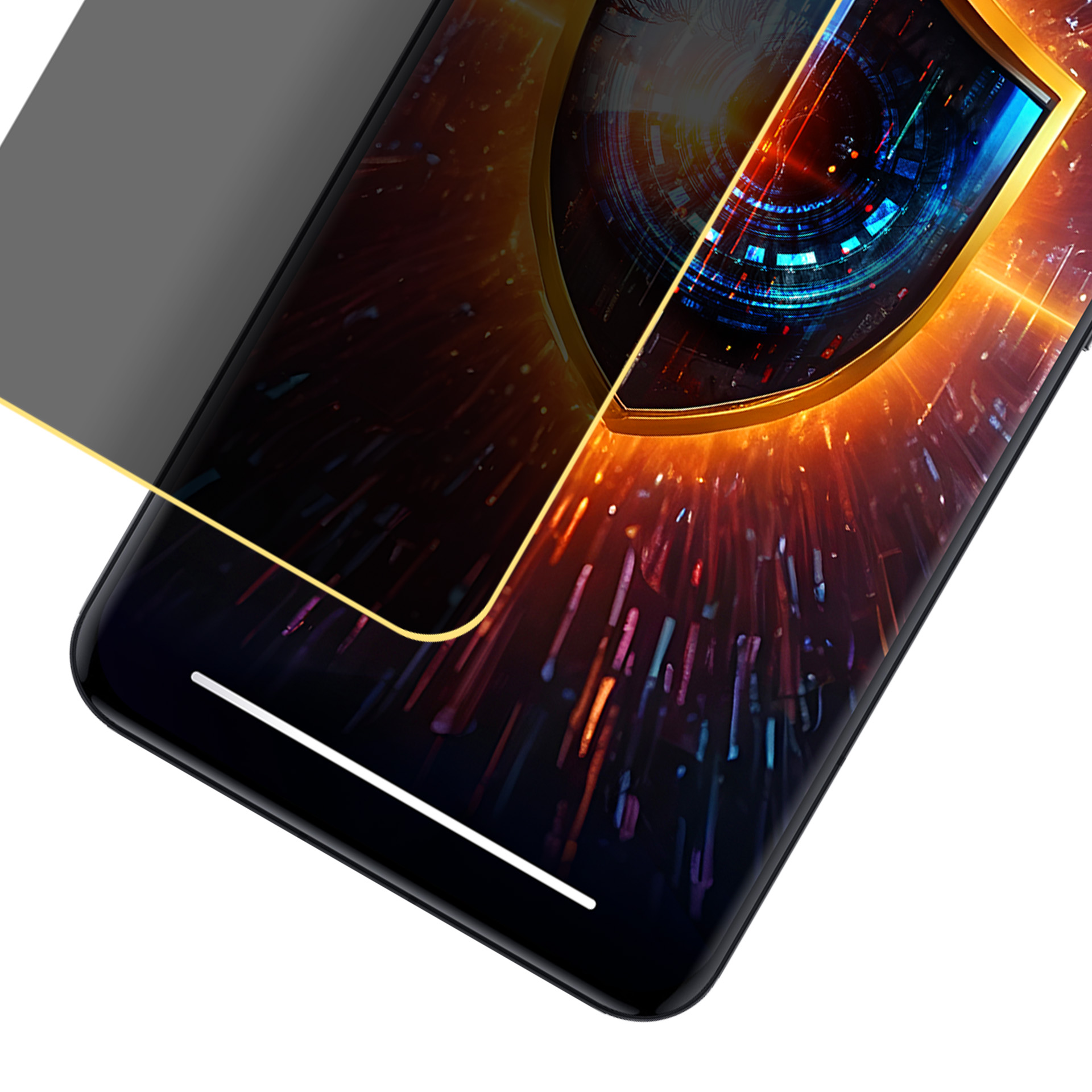 Smartphone angolato, schermo mostra occhio digitale in cornice dorata, filtro privacy applicato sopra.