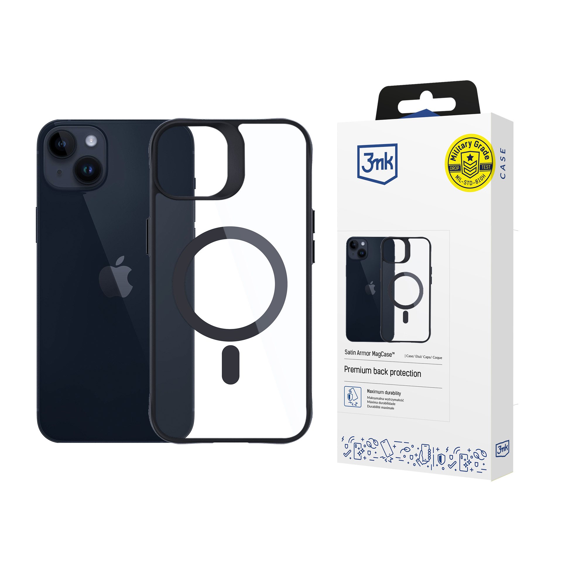 Un iPhone blu scuro con custodia trasparente e scatola bianca con dettagli e logo del marchio.