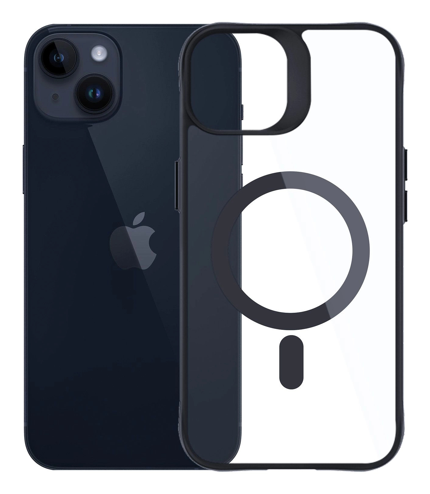 iPhone blu navy con custodia trasparente. Il telefono ha una fotocamera a doppia lente e un logo Apple. La custodia presenta un anello magnetico.