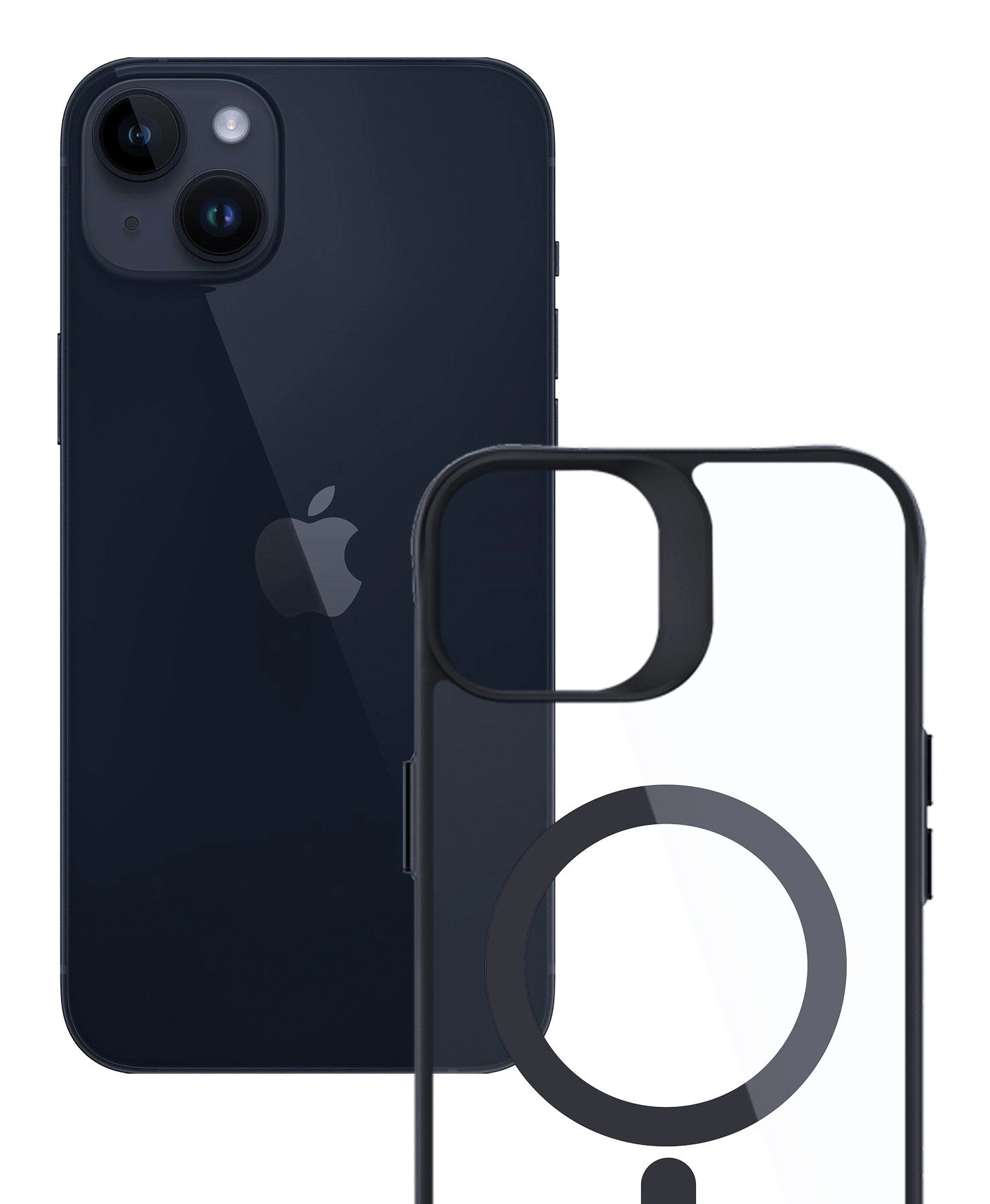 Un iPhone blu scuro con una custodia trasparente. Il telefono ha un sistema a doppia fotocamera e un logo Apple. La custodia ha un anello magnetico.