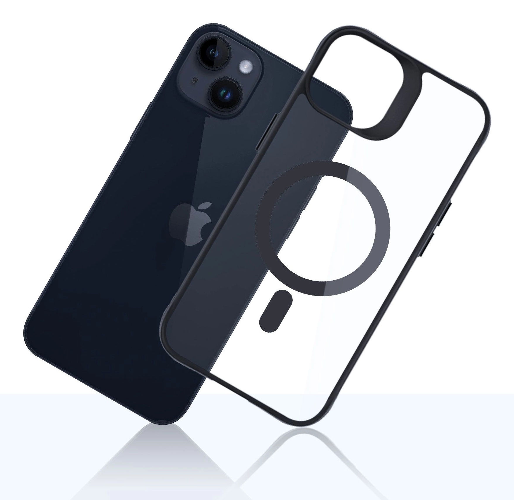 Un iPhone blu scuro con una custodia trasparente è su una superficie bianca. La custodia ha un cerchio nero e un rettangolo nero.