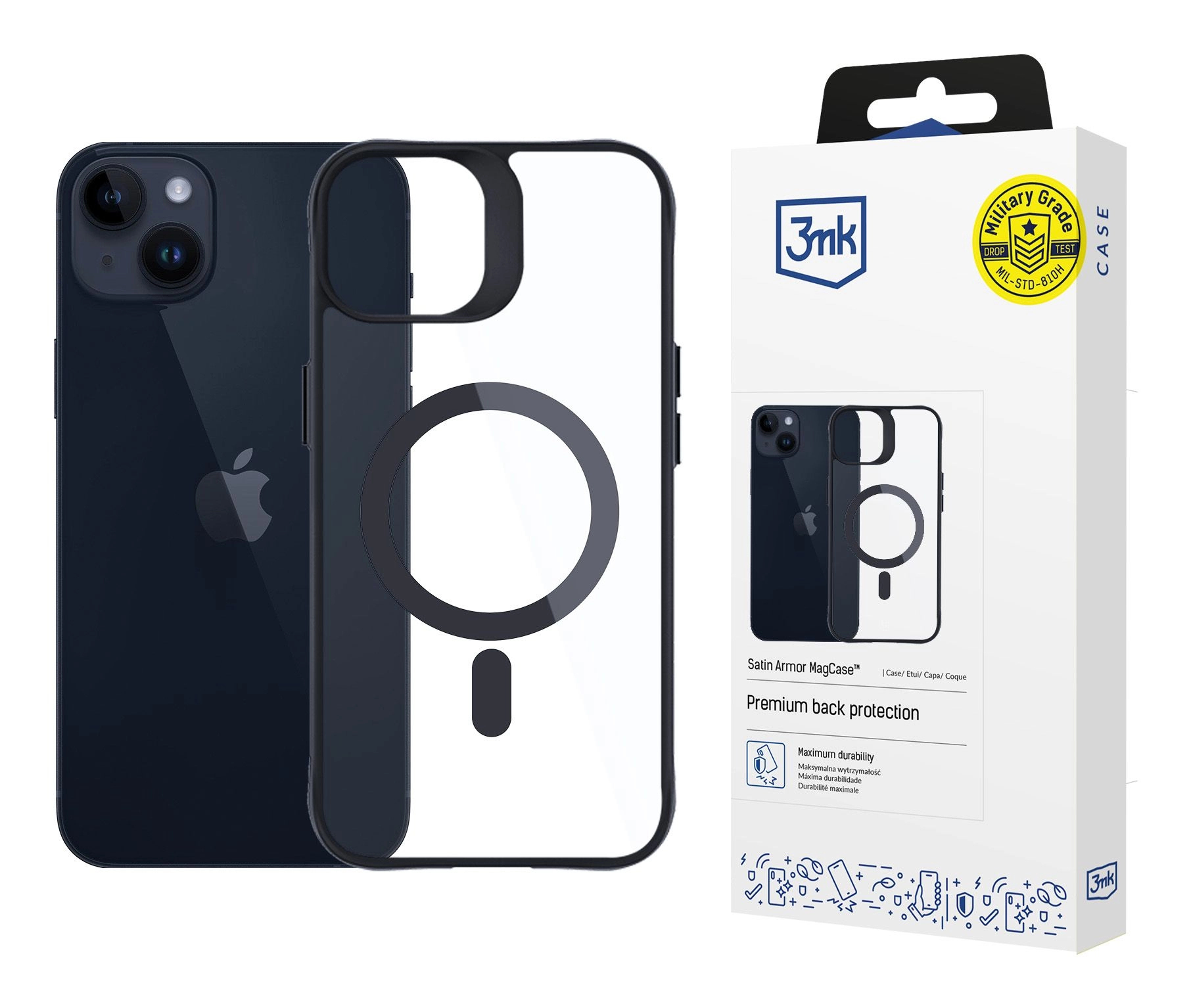 iPhone con custodia trasparente in mostra. La confezione include la custodia, un telefono e del testo. Lo sfondo è bianco.