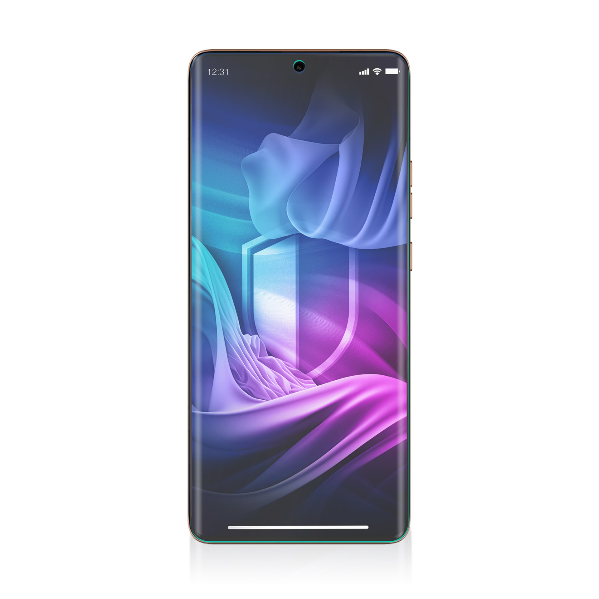 Smartfon wyświetla wzór tarczy z niebieską i fioletową tkaniną. Wyświetlany czas: 12:31. Telefon jest na białym tle.
