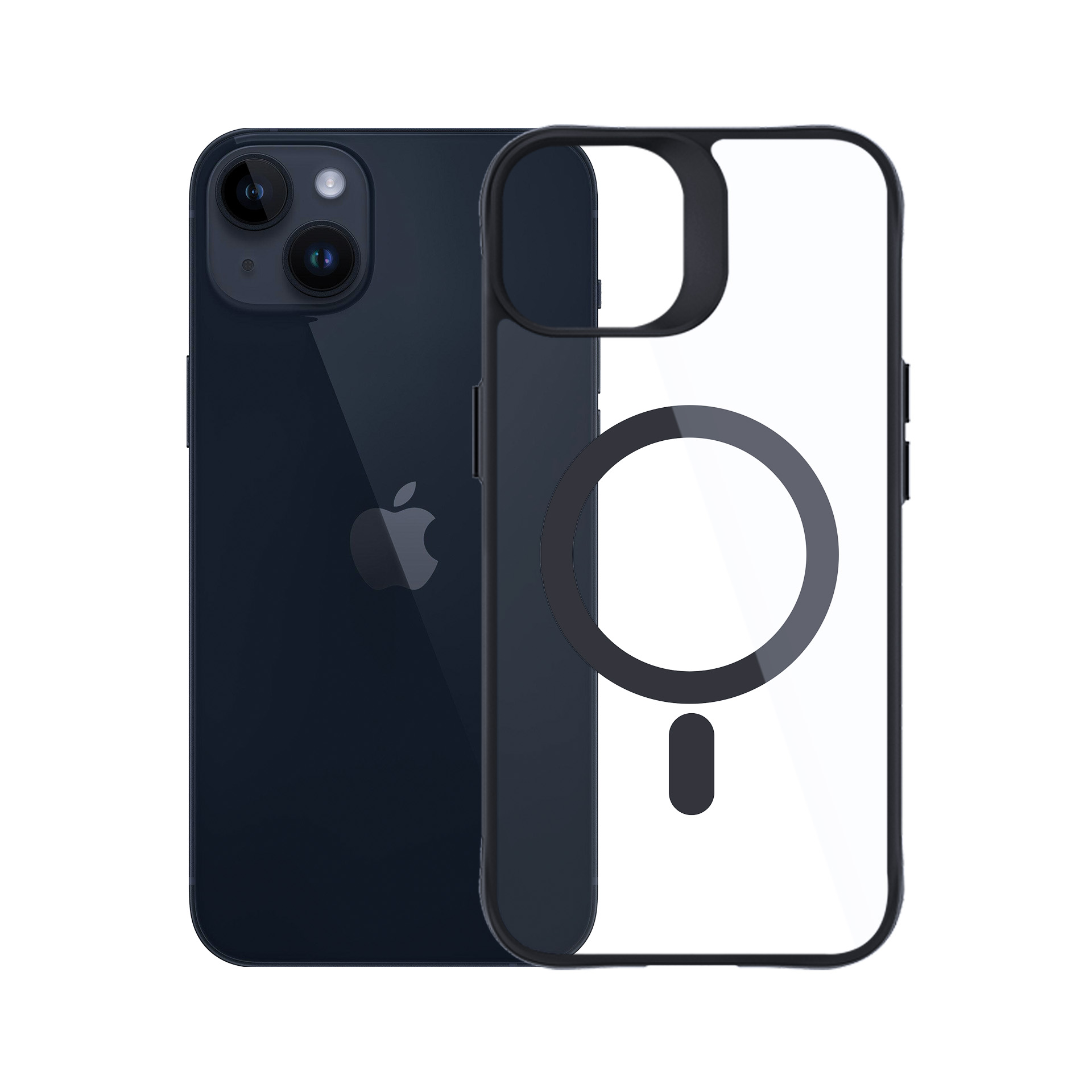 Un iPhone blu scuro con una custodia trasparente. La custodia ha una cornice nera e un design magnetico circolare.