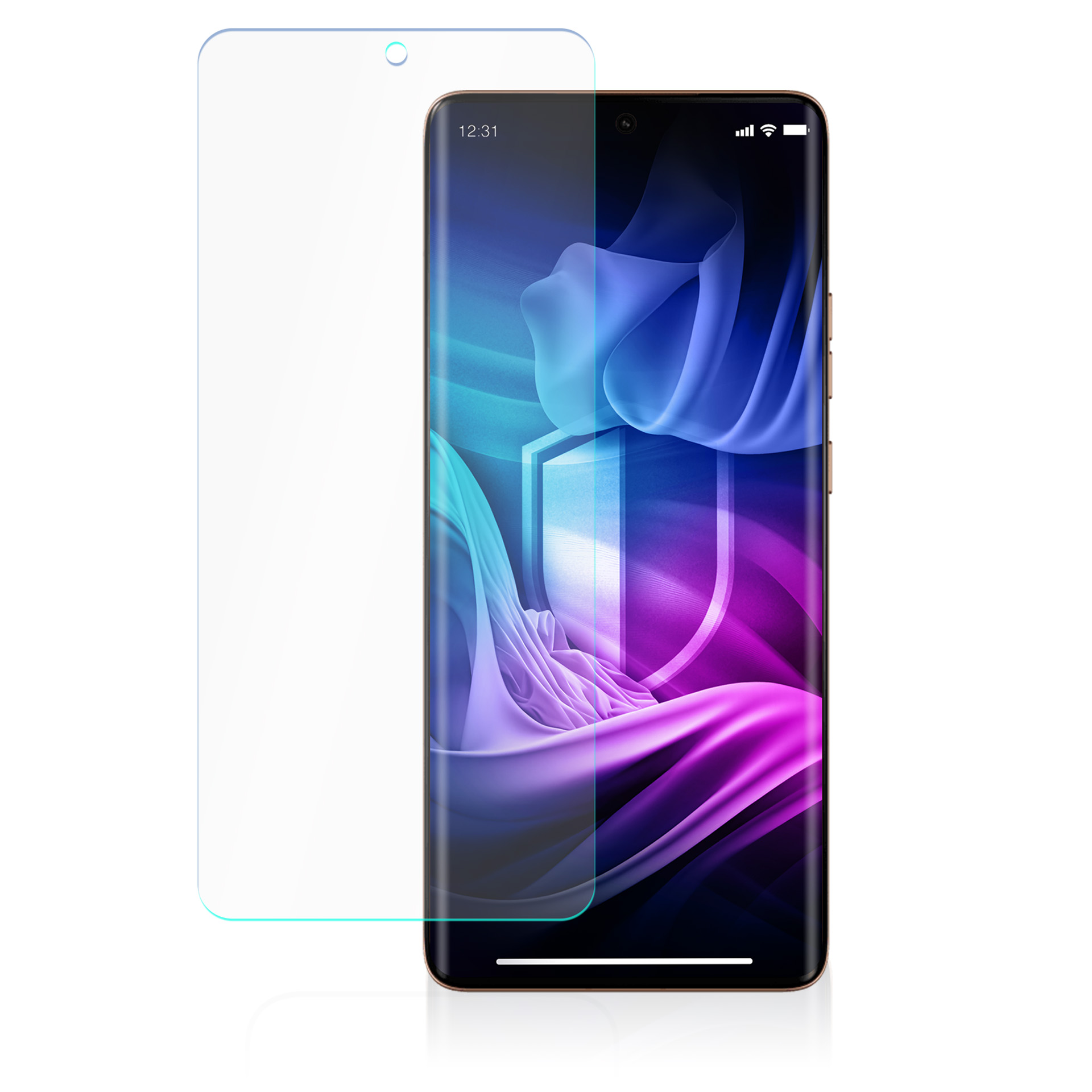 Smartfon z ochraniaczem ekranu. Telefon wyświetla kolorowe abstrakcyjne tło. Ochraniacz jest przezroczysty.
