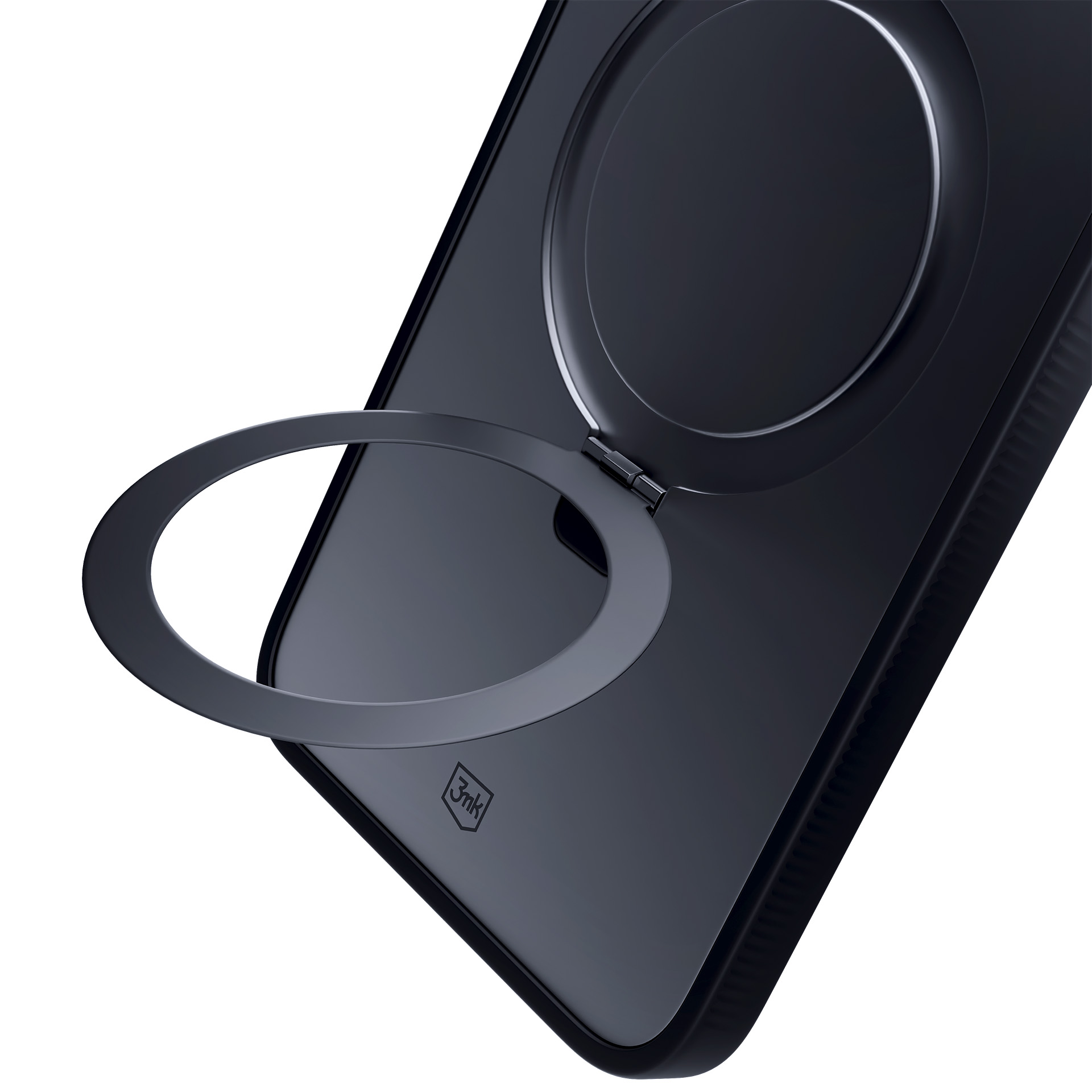 Czarny uchwyt do telefonu z pierścieniem na białym tle. Pierścień jest otwarty. Etui ma logo.
