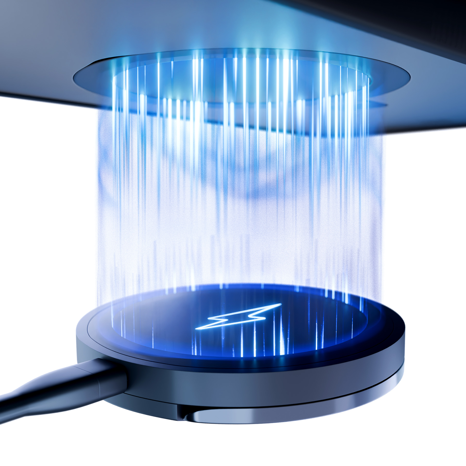 Ładowarka bezprzewodowa z symbolem błyskawicy. Niebieskie wiązki światła spadają z góry. Ładowarka jest podłączona do czarnego kabla.
