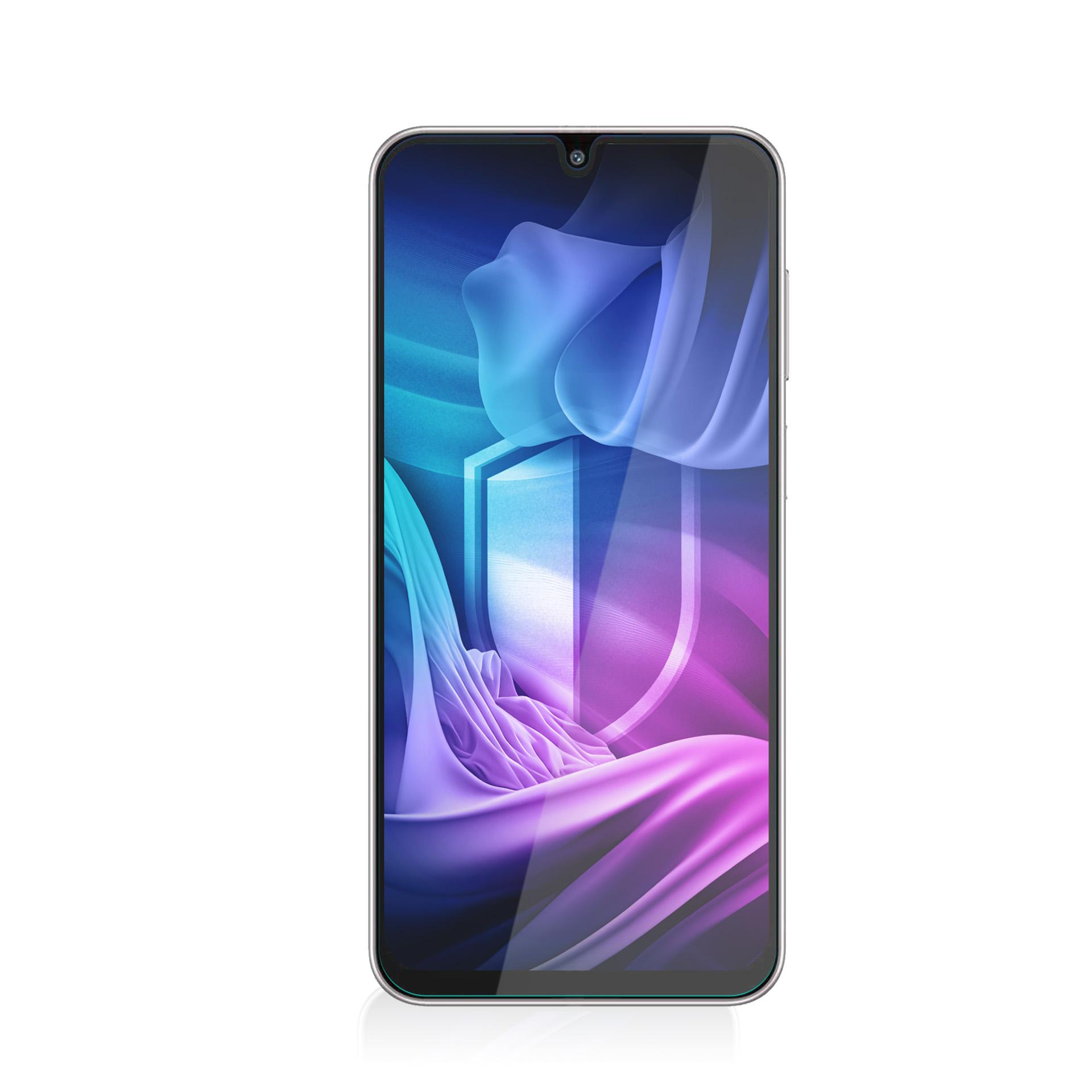 Smartfon z ekranem wyświetlającym niebiesko-fioletowy abstrakcyjny wzór. Telefon ma srebrną ramkę i jest odizolowany.