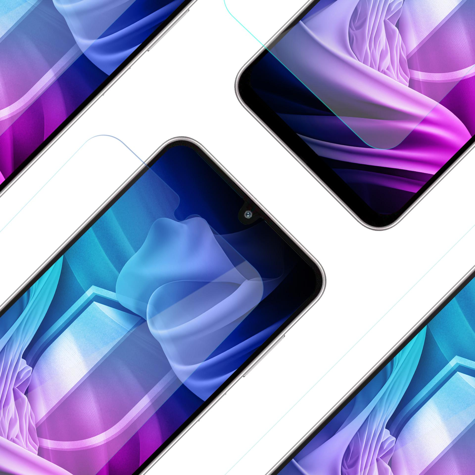 Cztery smartfony ułożone po przekątnej, ekrany z abstrakcyjnymi fioletowymi, niebieskimi i białymi wzorami.