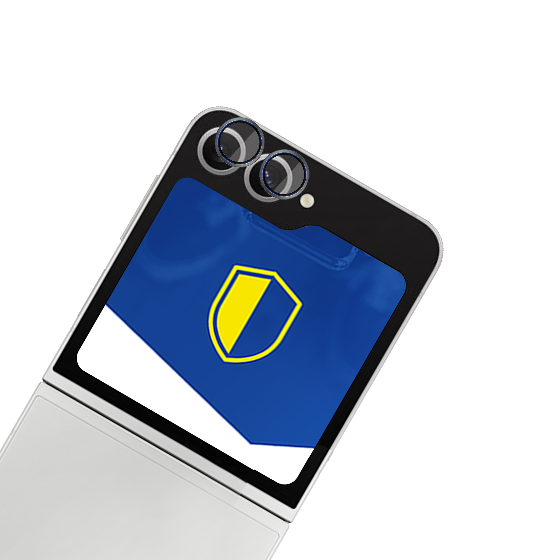Uno smartphone con schermo blu e bianco, che mostra uno scudo giallo. Due fotocamere sono visibili sopra lo schermo.