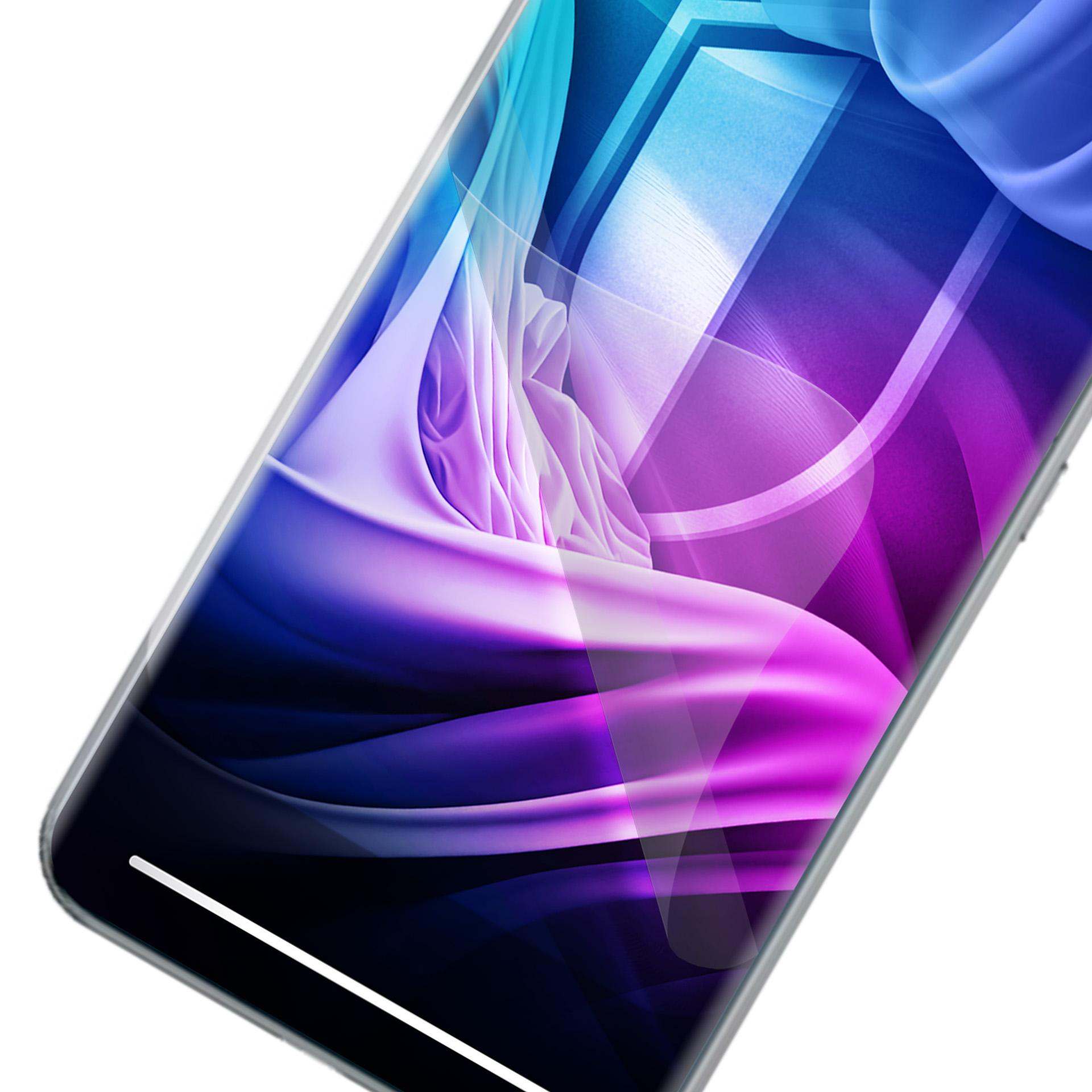 Lo schermo di uno smartphone mostra un design astratto con forme fluide blu, viola e bianche su sfondo bianco.