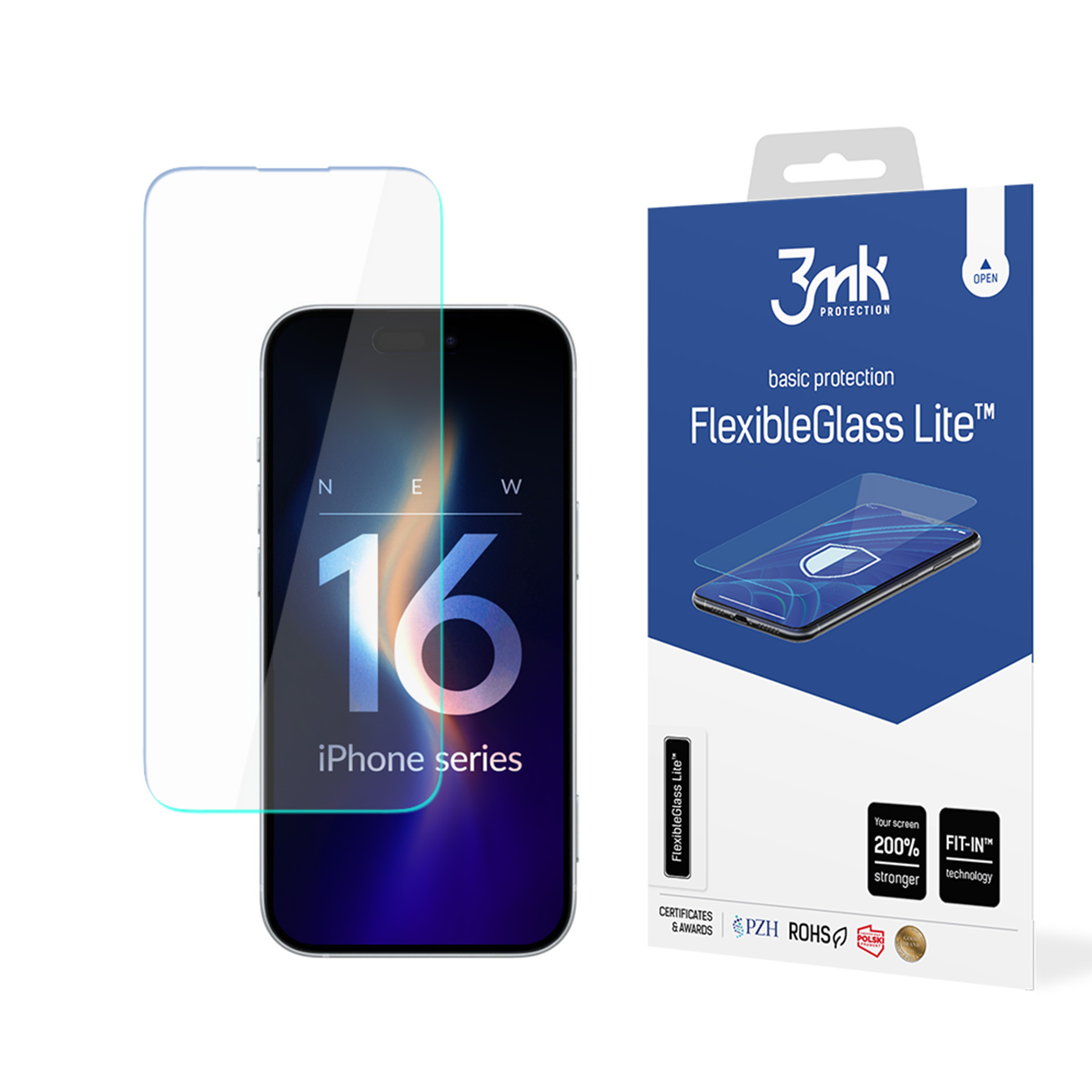 iPhone z ochraniaczem ekranu i pudełko produktu. Na pudełku napis FlexibleGlass Lite, ochrona 3mk i iPhone seria 16.