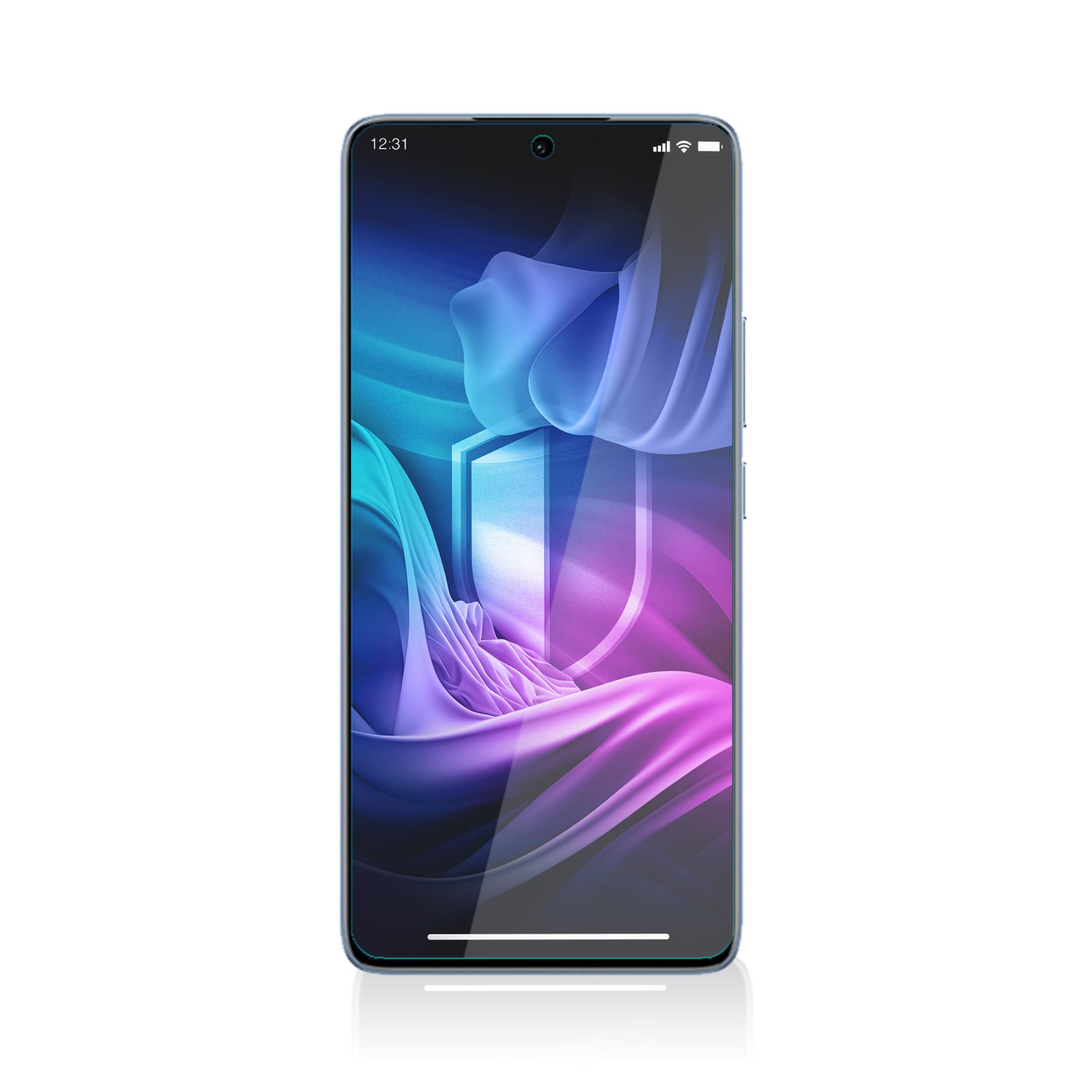 Lo schermo dello smartphone mostra un grafico a scudo su uno sfondo sfumato blu-viola, con un bordo bianco.